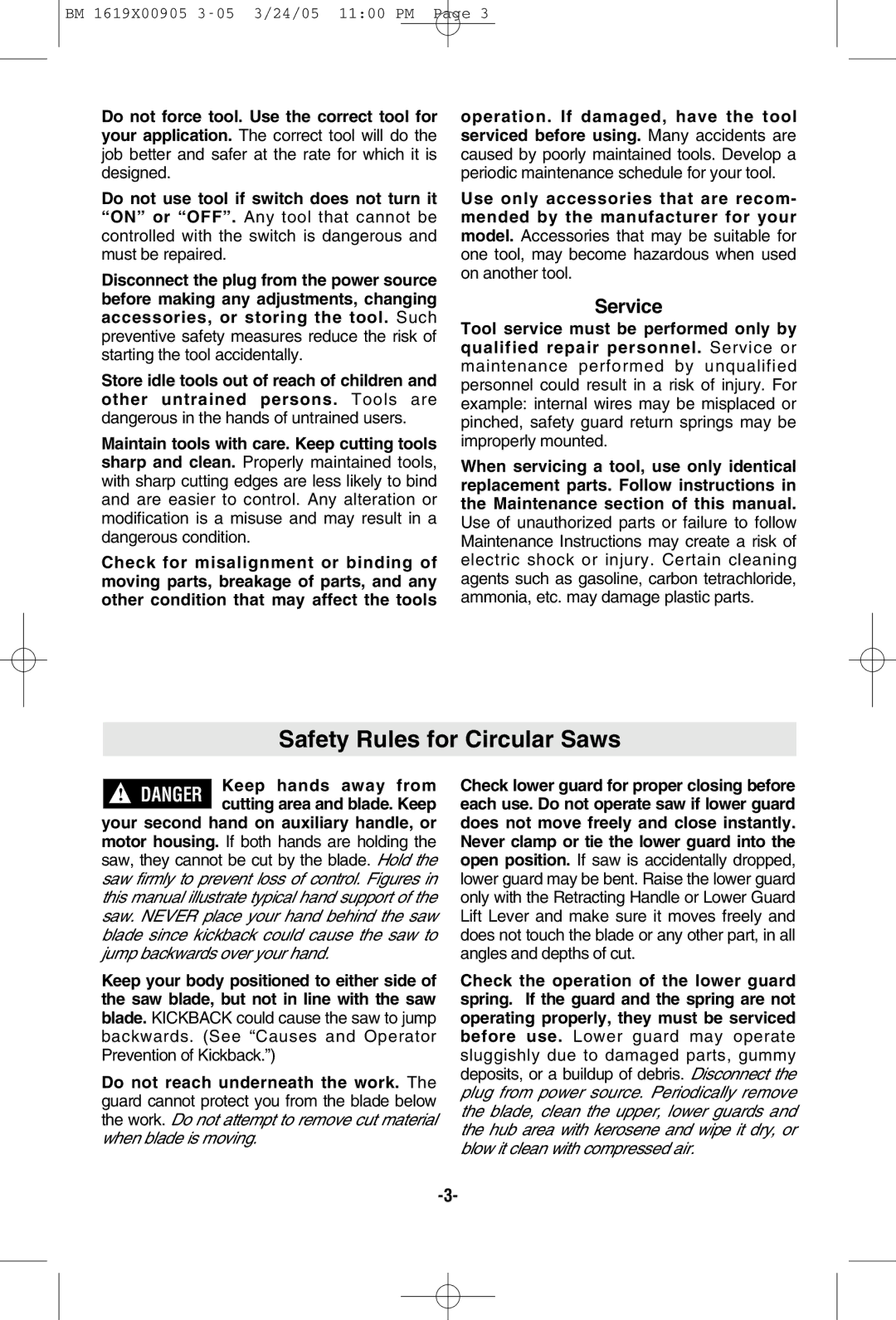 Bosch Power Tools 1656 manual Safety Rules for Circular Saws, Service 