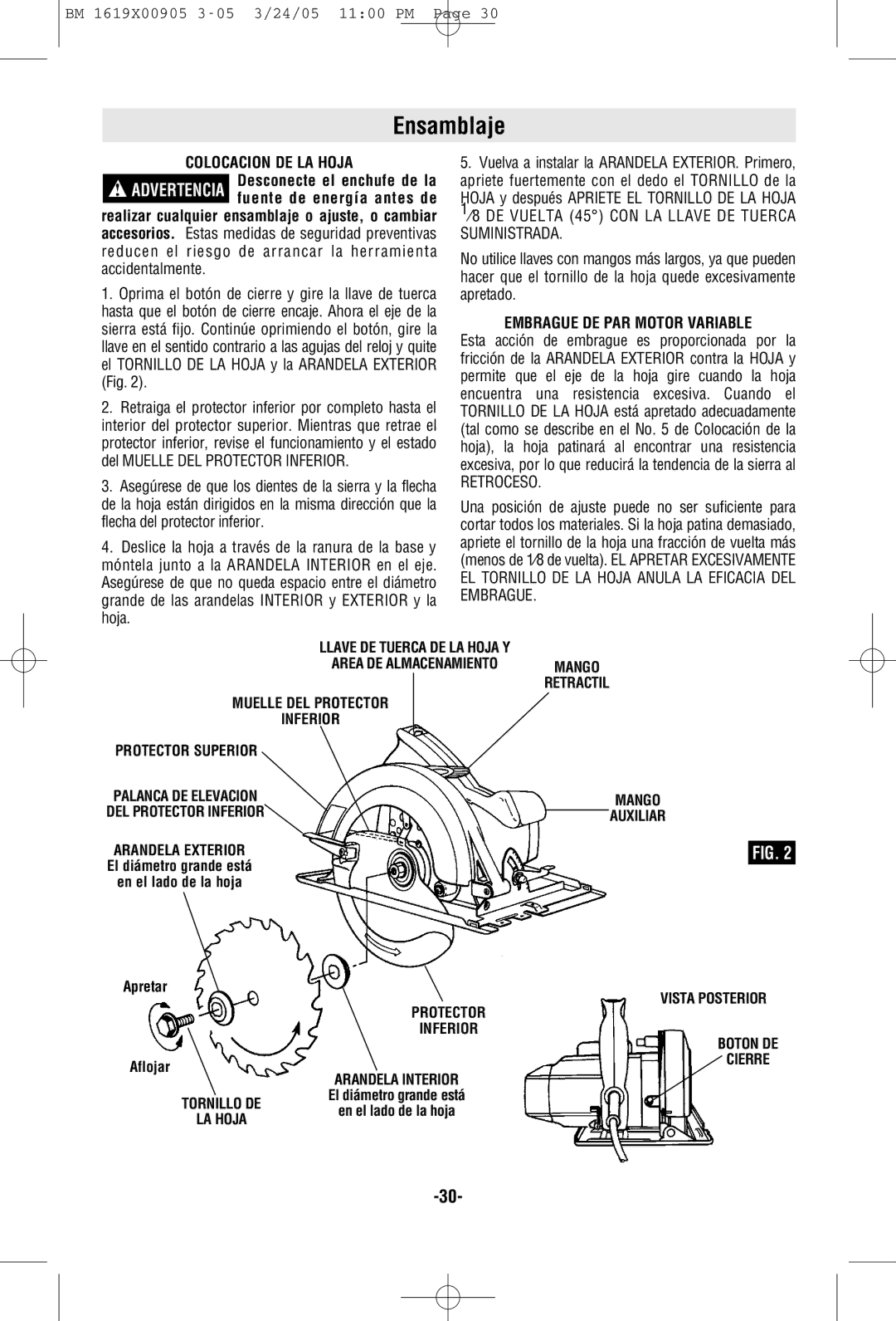 Bosch Power Tools 1656 manual Ensamblaje, Colocacion DE LA Hoja, Embrague DE PAR Motor Variable 