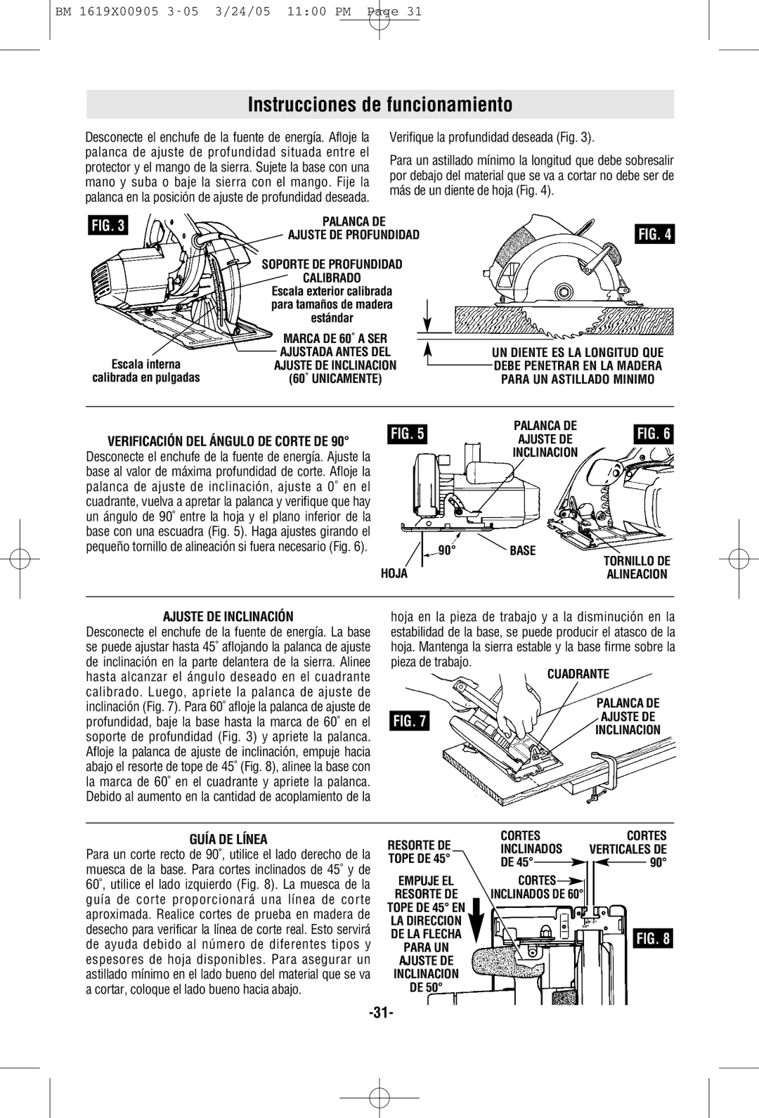 Bosch Power Tools 1656 manual Instrucciones de funcionamiento, Ajuste DE Inclinación, Guía DE Línea 