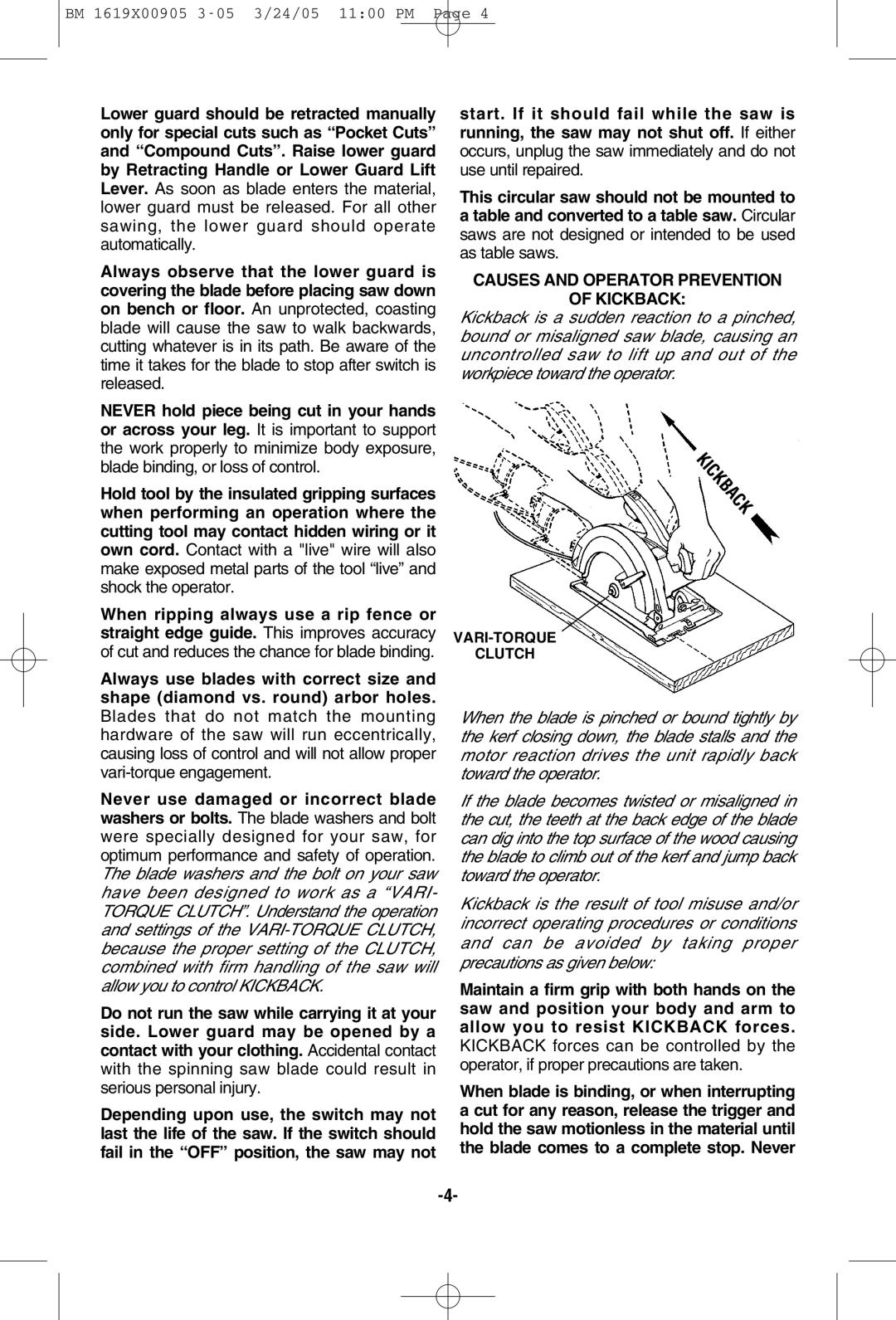 Bosch Power Tools 1656 manual Causes and Operator Prevention Kickback 