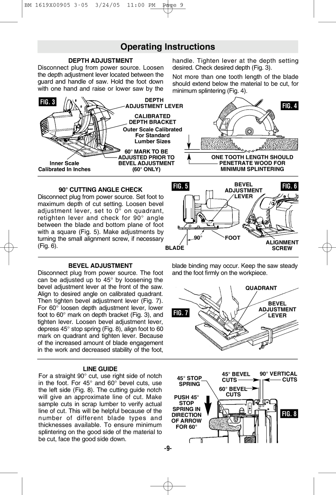 Bosch Power Tools 1656 manual Operating Instructions, Depth Adjustment, Cutting Angle Check, Bevel Adjustment, Line Guide 