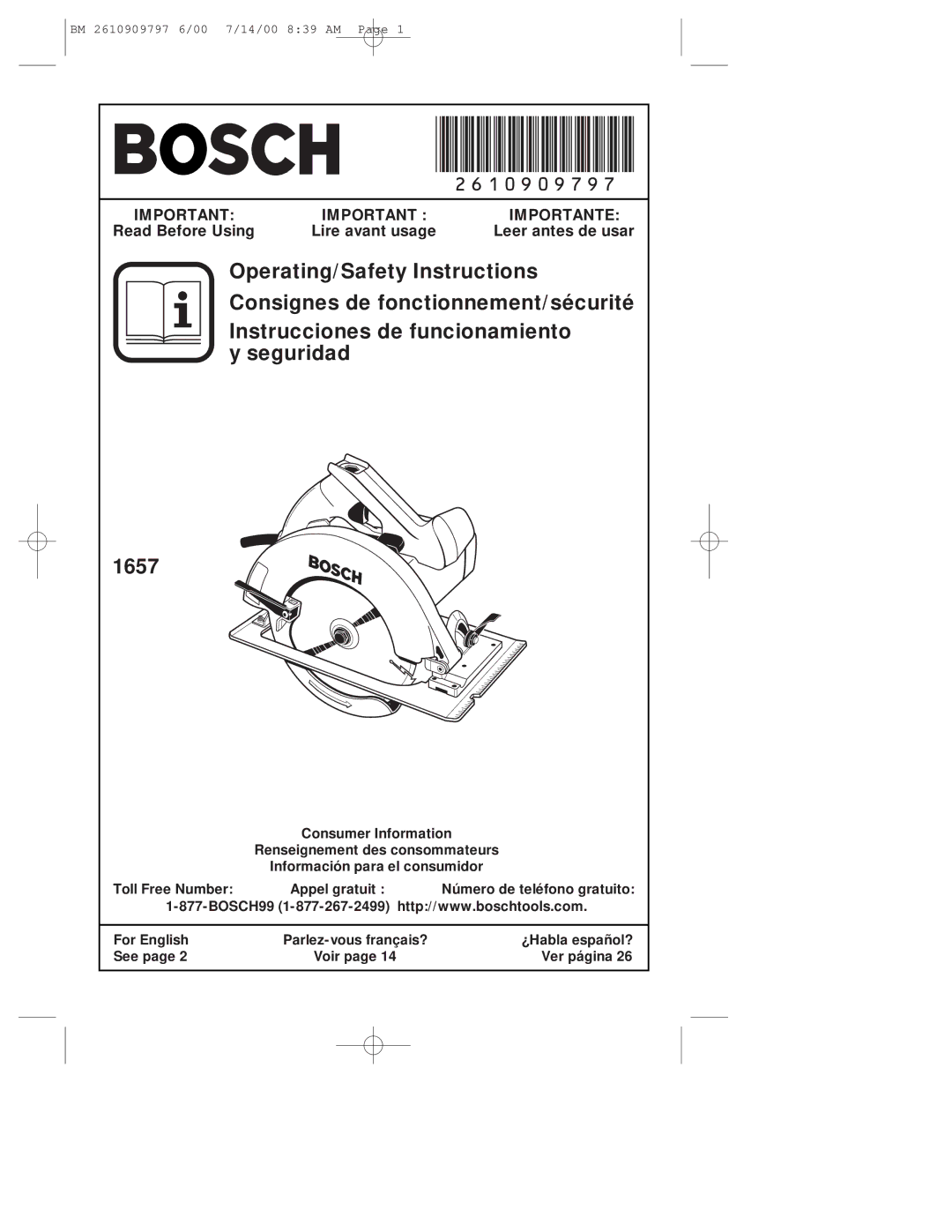 Bosch Power Tools 1657 manual 2610909797 