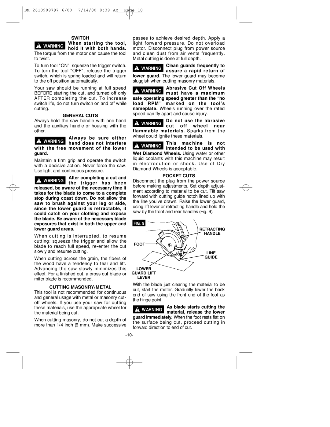 Bosch Power Tools 1657 manual Switch, General Cuts, Cutting MASONRY/METAL, Pocket Cuts 