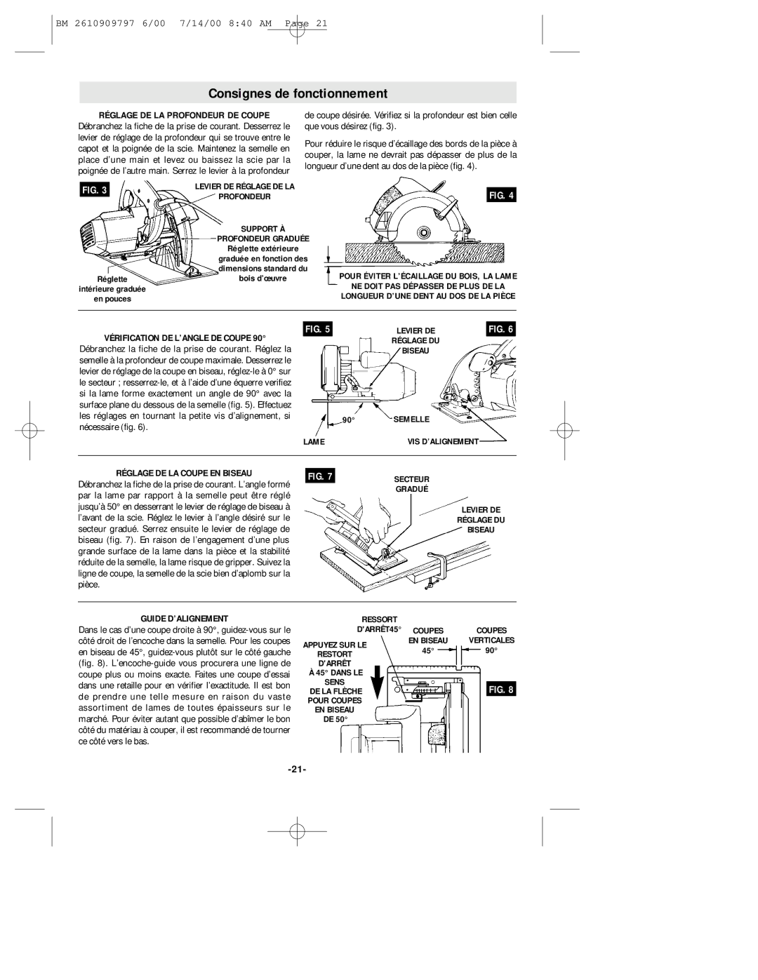 Bosch Power Tools 1657 manual Consignes de fonctionnement, Réglage DE LA Profondeur DE Coupe, Réglage DE LA Coupe EN Biseau 