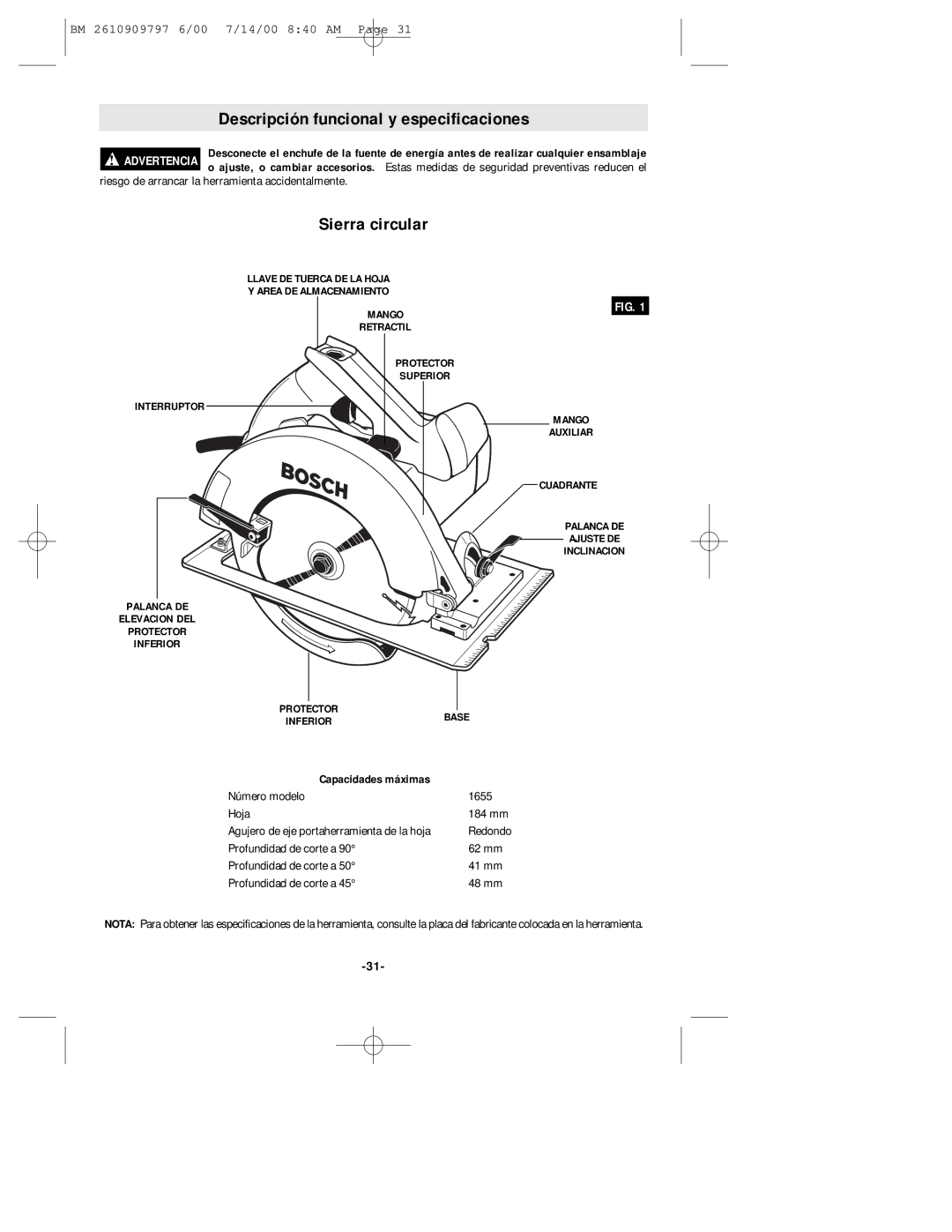 Bosch Power Tools 1657 manual Descripción funcional y especificaciones, Sierra circular, Número modelo 1655 Hoja 184 mm 