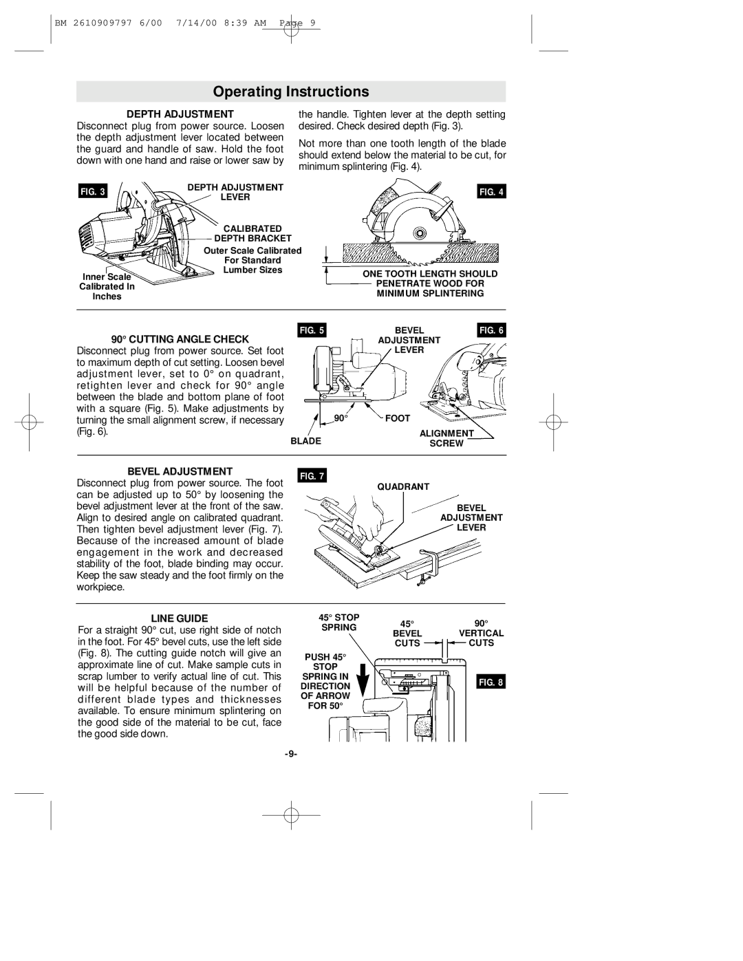 Bosch Power Tools 1657 manual Operating Instructions, Depth Adjustment, Cutting Angle Check, Bevel Adjustment, Line Guide 