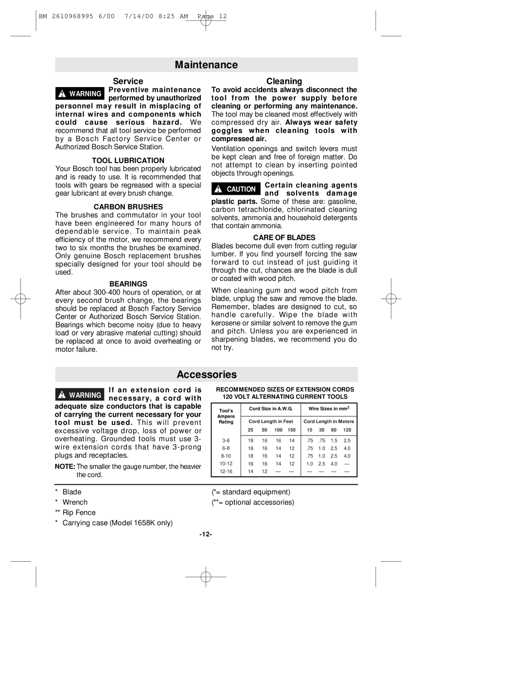 Bosch Power Tools 1658 manual Maintenance, Accessories 