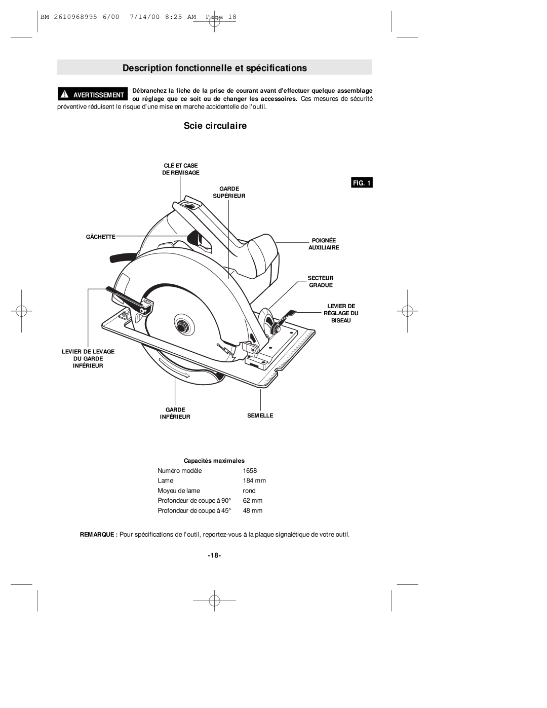 Bosch Power Tools 1658 manual Description fonctionnelle et spécifications, Scie circulaire, Capacités maximales 