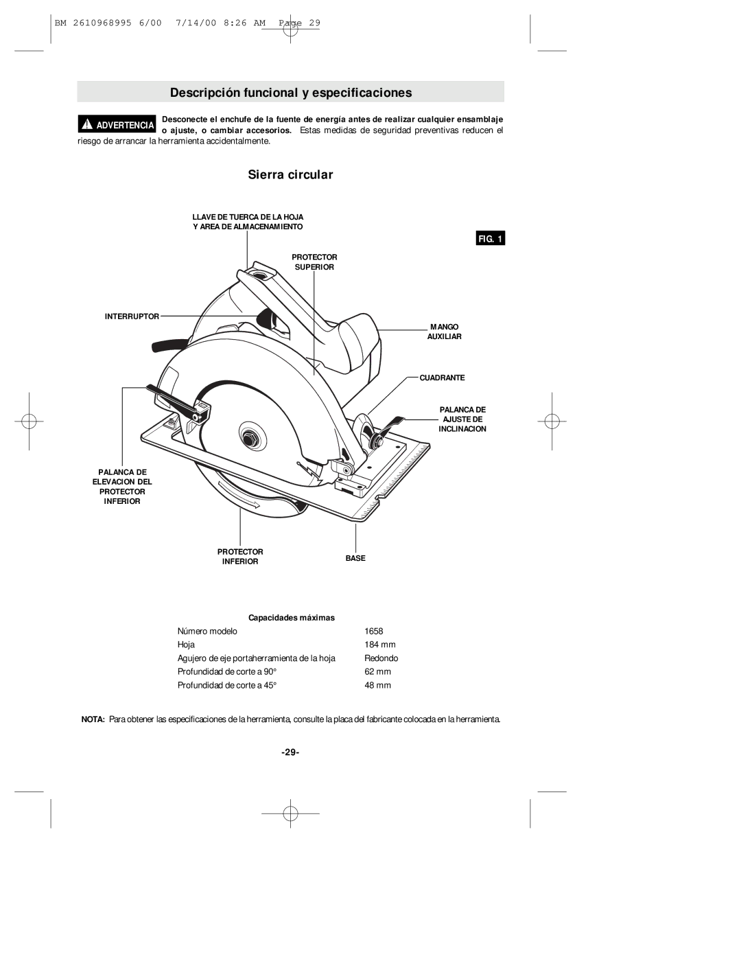 Bosch Power Tools 1658 manual Descripción funcional y especificaciones, Sierra circular 