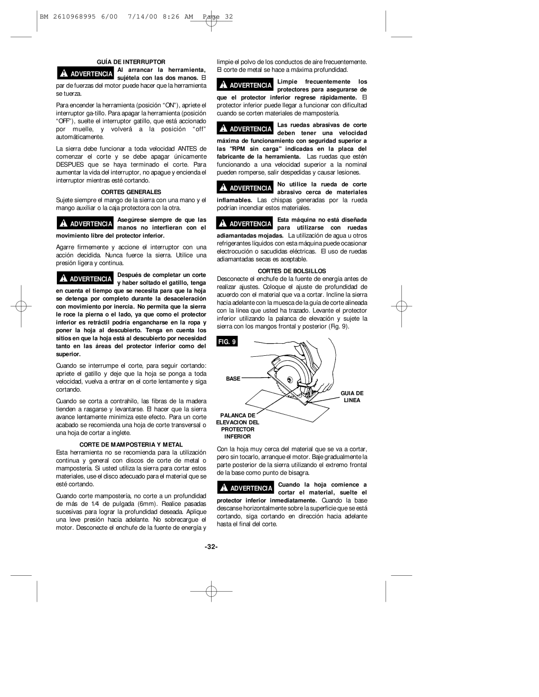 Bosch Power Tools 1658 Guía DE Interruptor, Cortes Generales, Movimiento libre del protector inferior, Cortes DE Bolsillos 