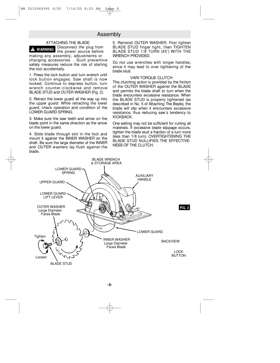 Bosch Power Tools 1658 manual Assembly, Attaching the Blade, VARI-TORQUE Clutch 