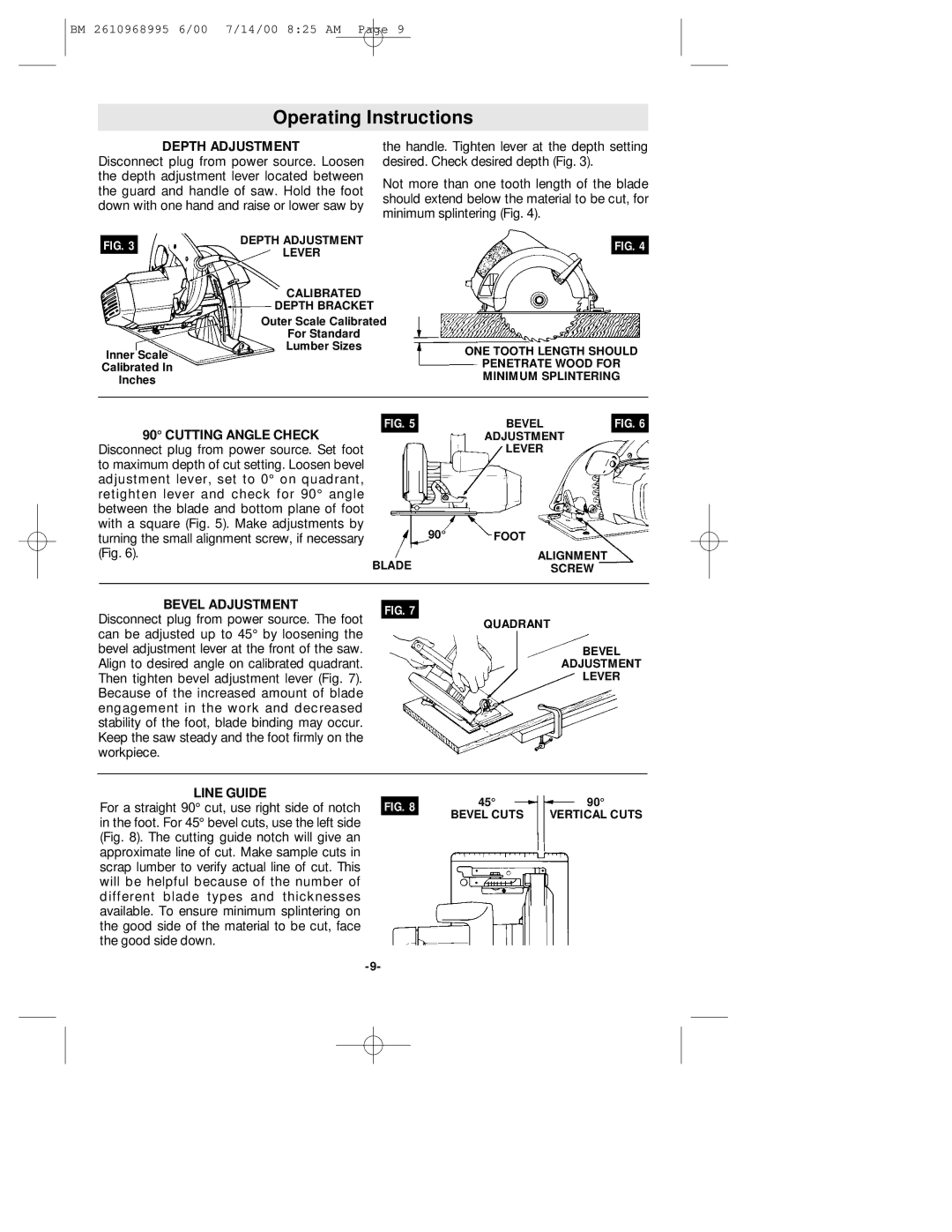 Bosch Power Tools 1658 manual Operating Instructions, Depth Adjustment, Cutting Angle Check, Bevel Adjustment, Line Guide 