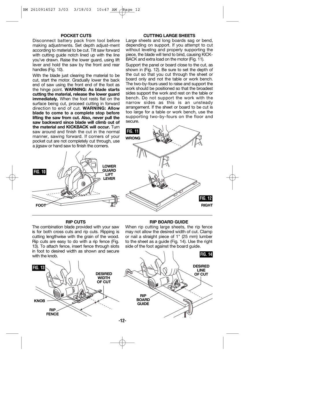 Bosch Power Tools 1660, 1662 manual Pocket Cuts, Cutting Large Sheets, RIP Cuts, RIP Board Guide 