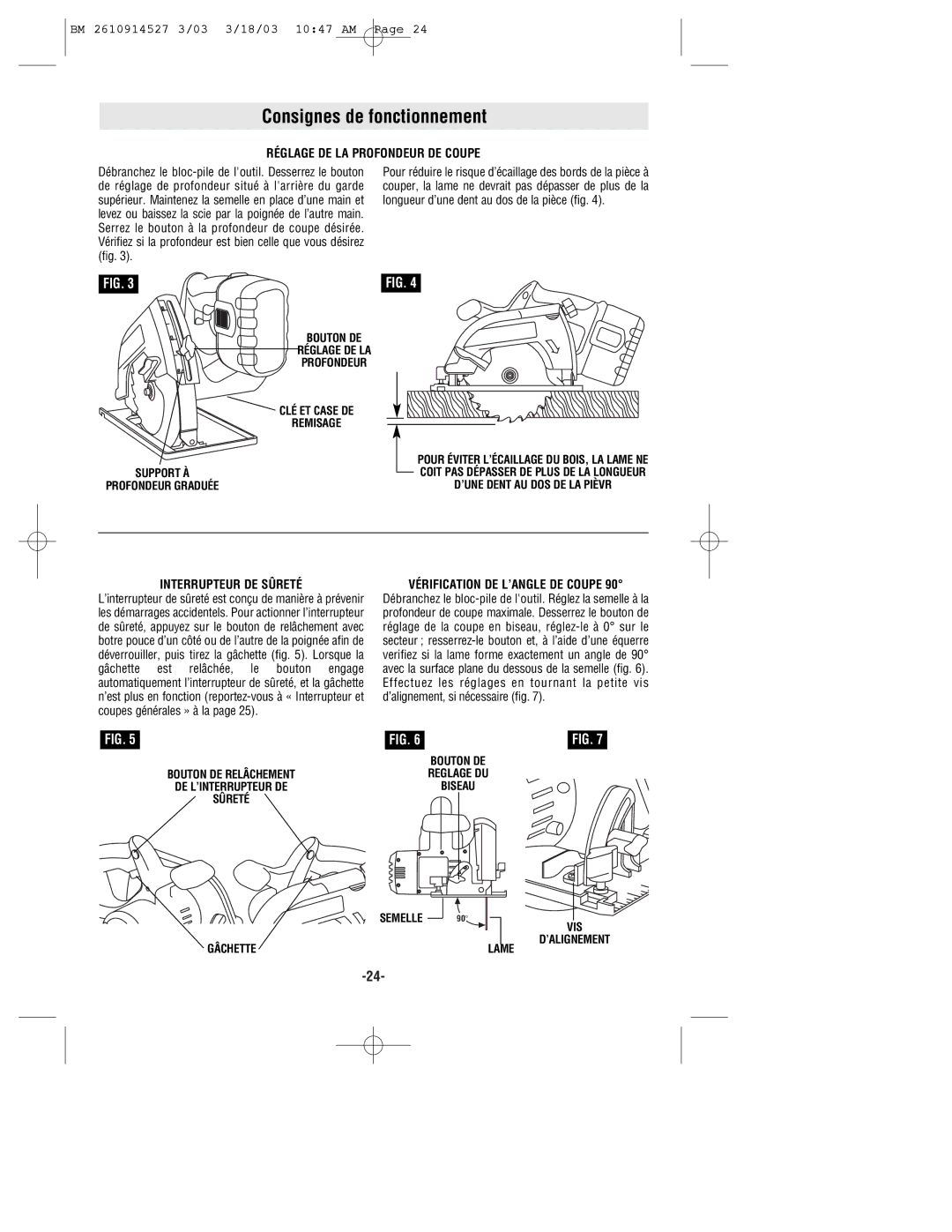 Bosch Power Tools 1660, 1662 manual Consignes de fonctionnement, Réglage DE LA Profondeur DE Coupe, Interrupteur DE Sûreté 