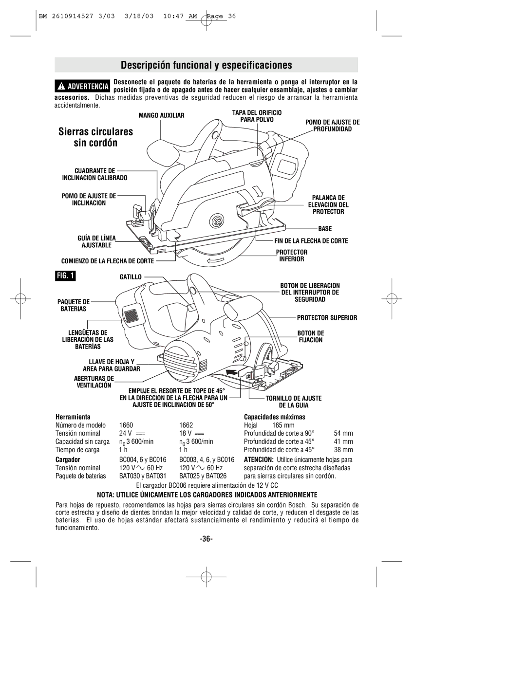 Bosch Power Tools 1660, 1662 manual Descripción funcional y especificaciones, Sierras circulares, Sin cordón, Cargador 