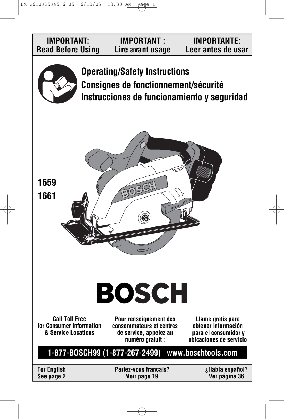 Bosch Power Tools 1659, 1661 manual Call Toll Free, Service Locations, For English, See 