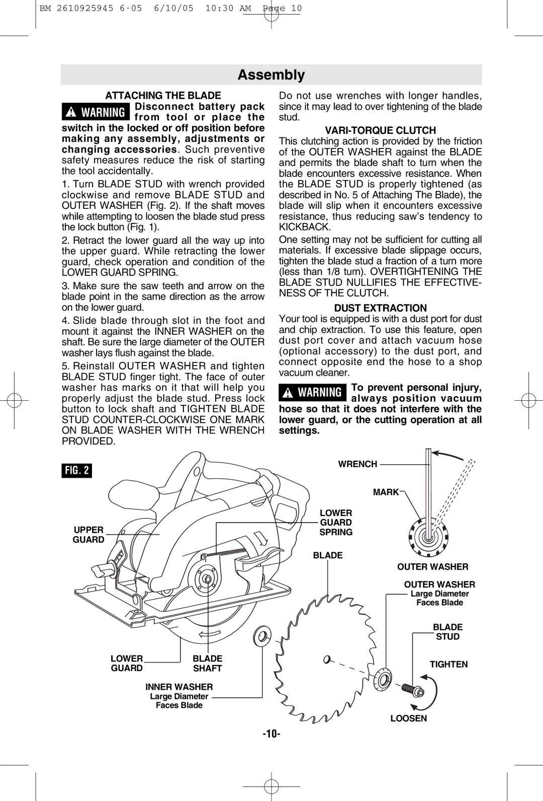 Bosch Power Tools 1661, 1659 manual Assembly, Attaching the Blade, VARI-TORQUE Clutch, Dust Extraction 