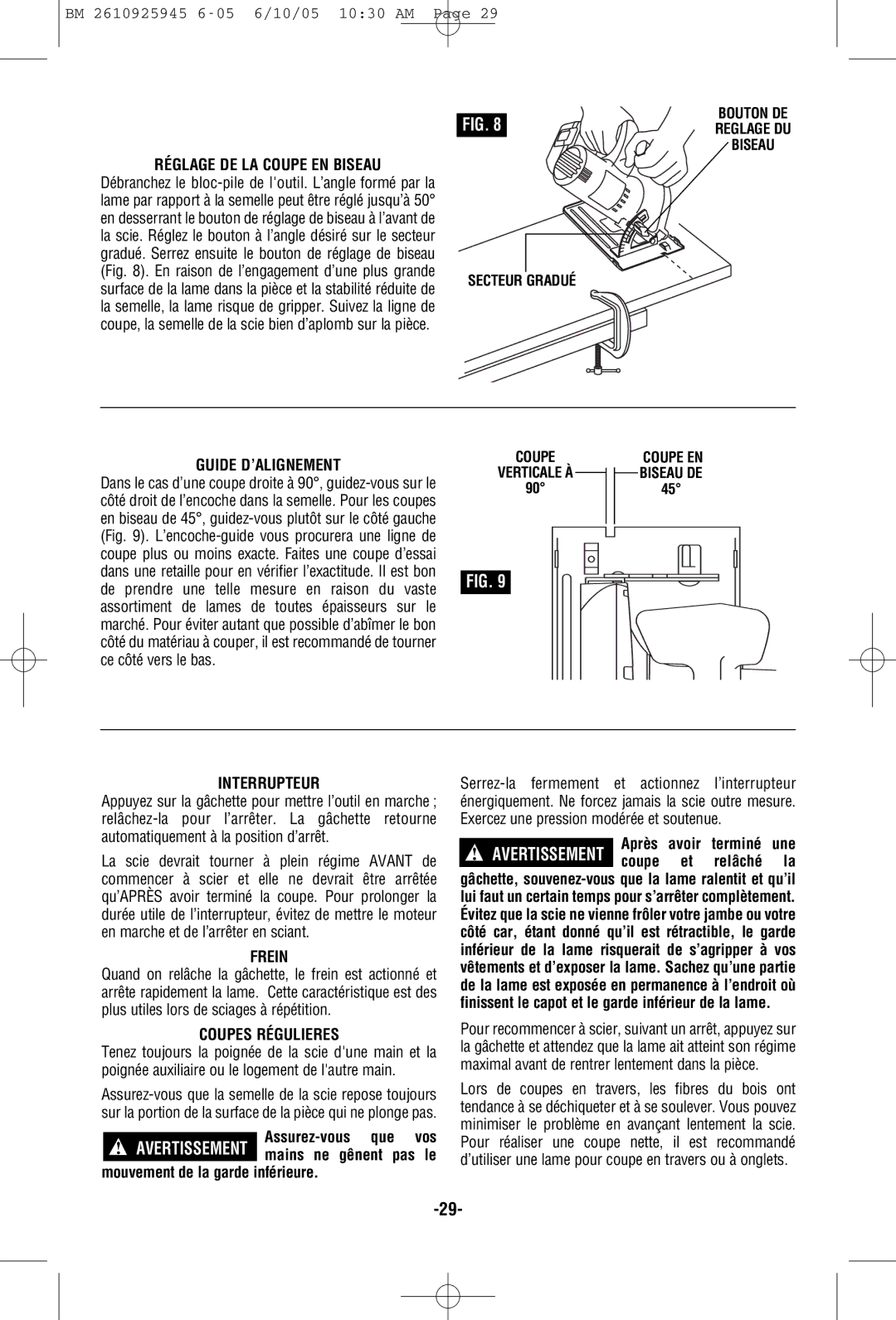 Bosch Power Tools 1659, 1661 Réglage DE LA Coupe EN Biseau, Guide D’ALIGNEMENT, Interrupteur, Frein, Coupes Régulieres 