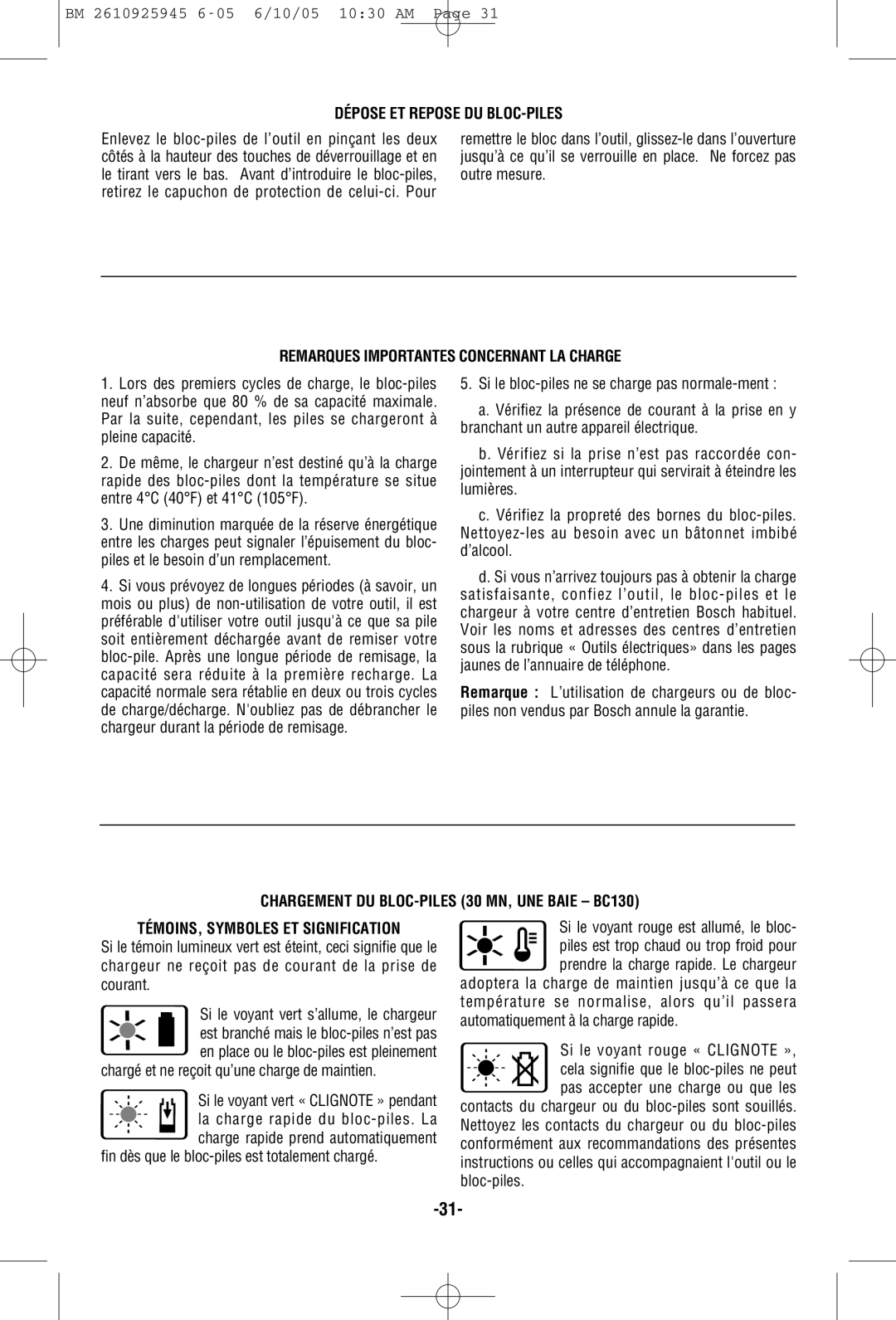 Bosch Power Tools 1659, 1661 manual Dépose ET Repose DU BLOC-PILES, Remarques Importantes Concernant LA Charge 