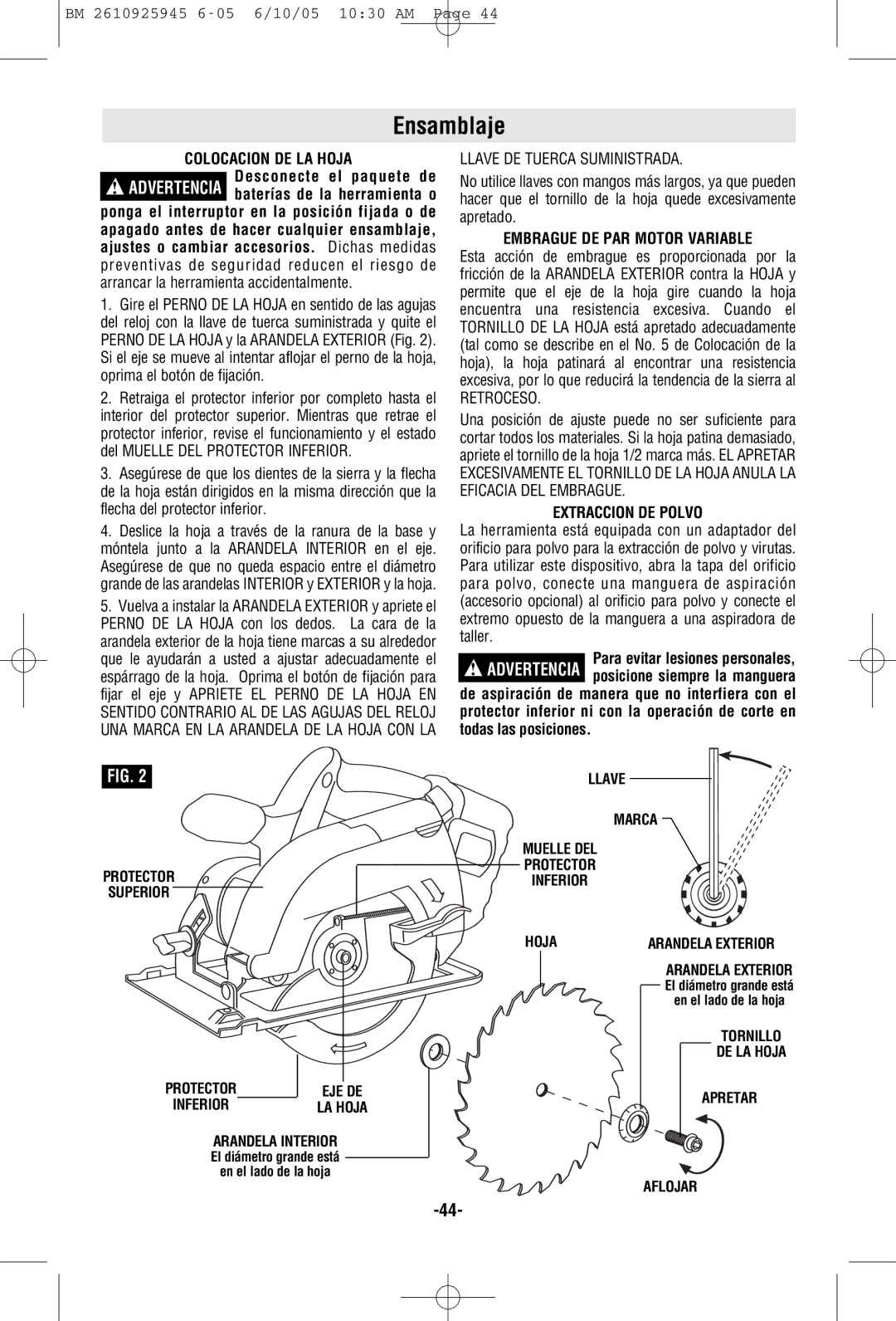 Bosch Power Tools 1661, 1659 manual Ensamblaje, Colocacion DE LA Hoja, Embrague DE PAR Motor Variable, Extraccion DE Polvo 