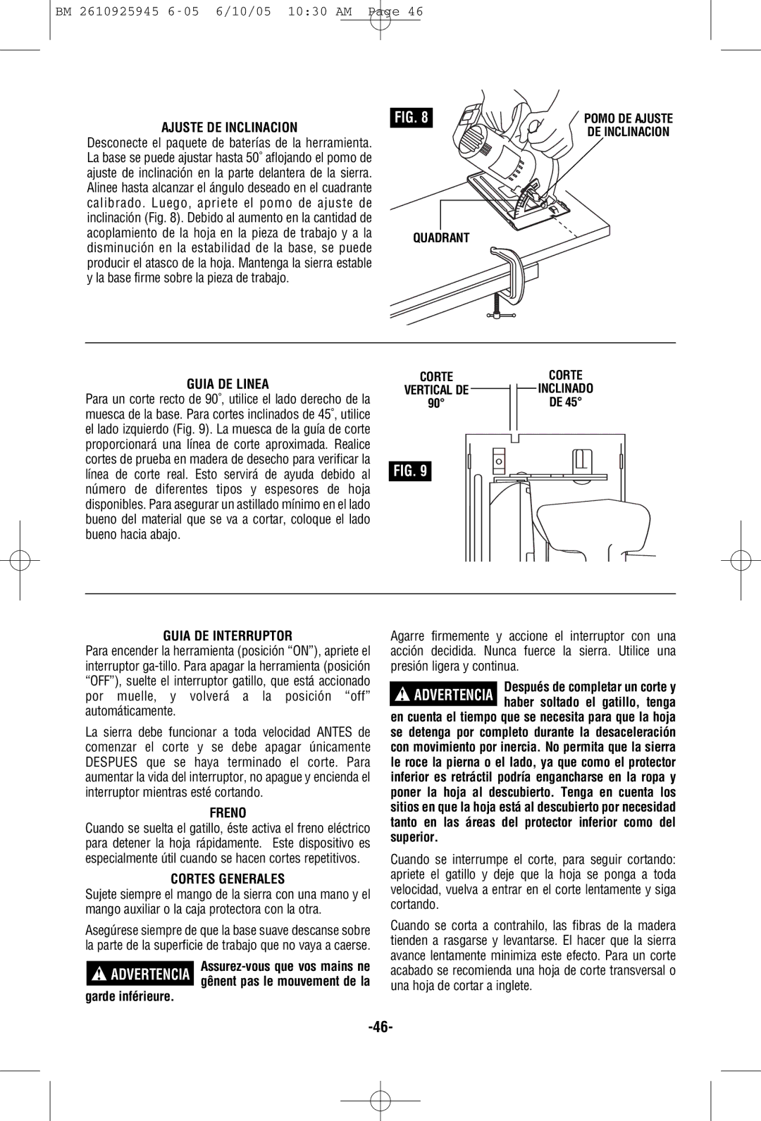 Bosch Power Tools 1661, 1659 manual Ajuste DE Inclinacion, Guia DE Linea, Guia DE Interruptor, Freno, Cortes Generales 