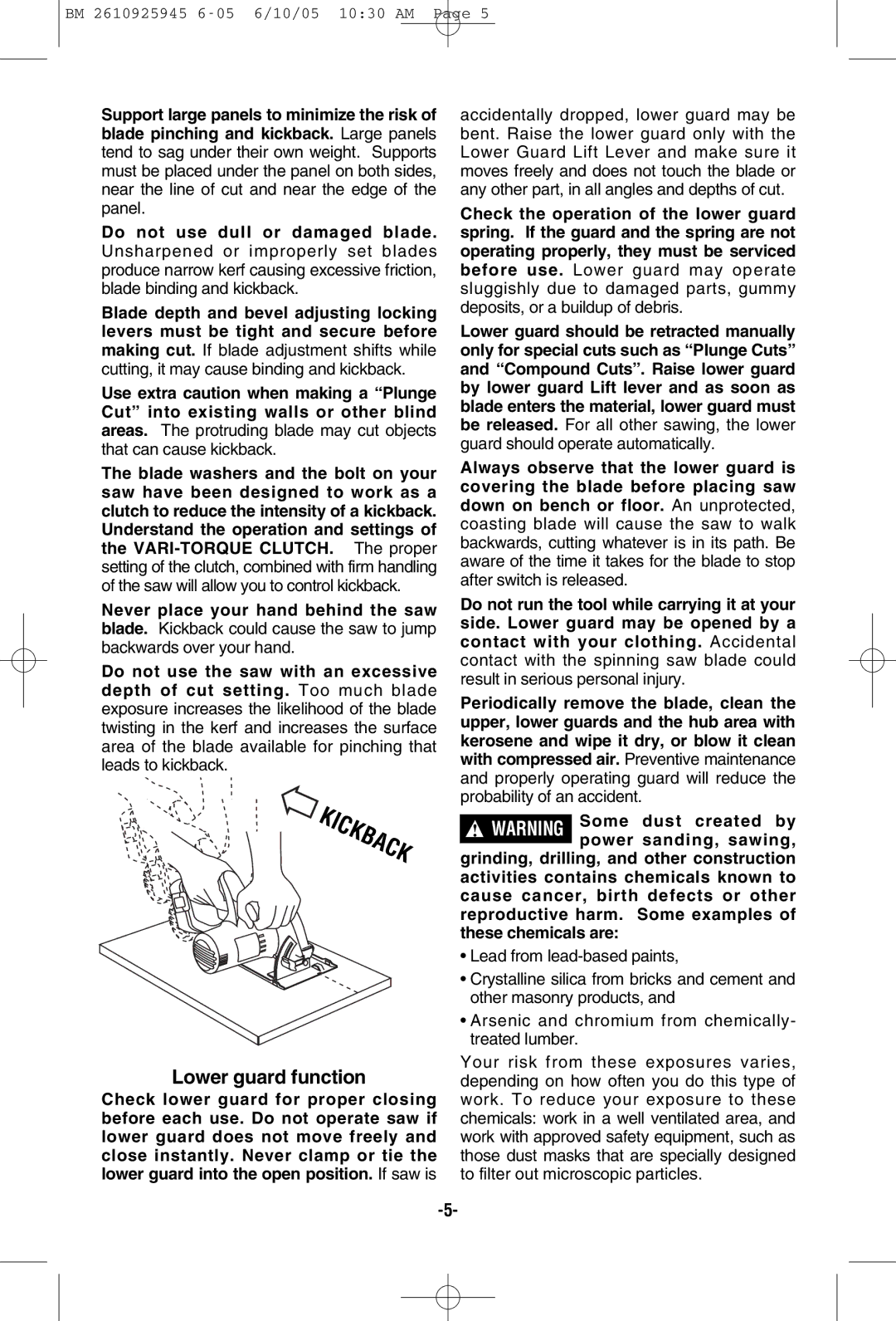 Bosch Power Tools 1659, 1661 manual Lower guard function 