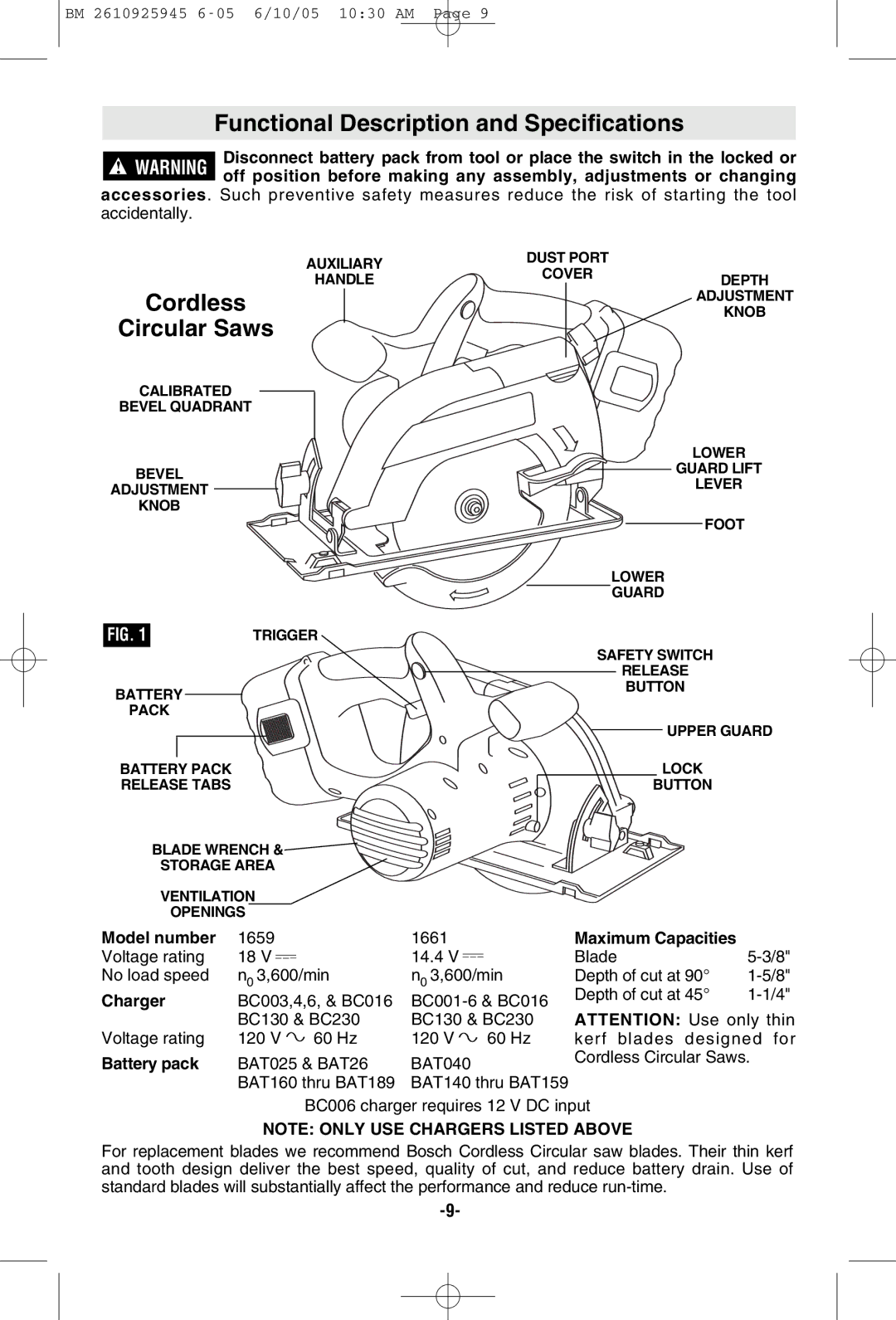 Bosch Power Tools 1659, 1661 manual Functional Description and Specifications, Cordless Circular Saws, Model number, Charger 