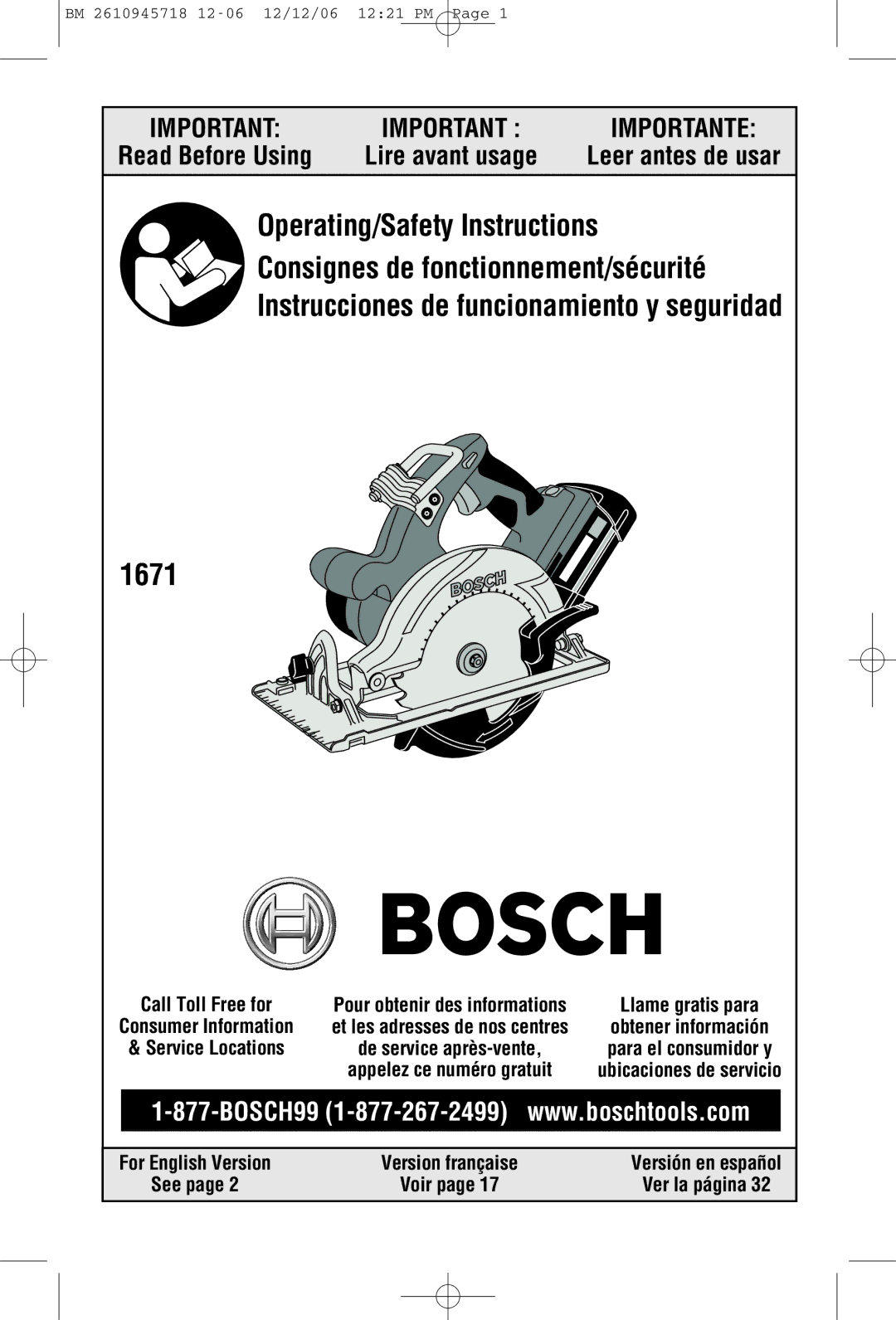 Bosch Power Tools 1671B, 1671K manual Read Before Using 