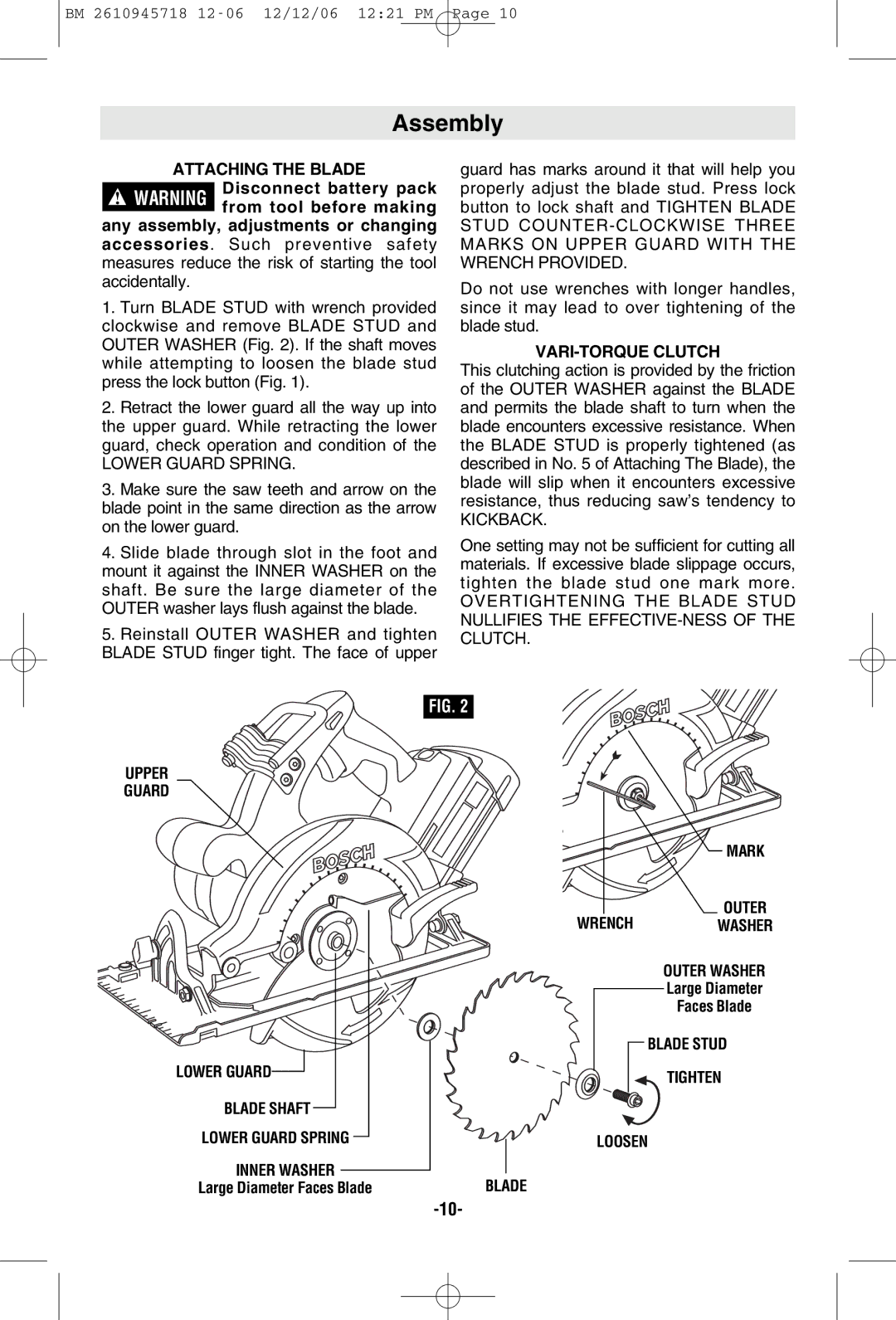 Bosch Power Tools 1671B, 1671K Assembly, Attaching the Blade, VARI-TORQUE Clutch, Mark Outer Wrenchwasher Outer Washer 