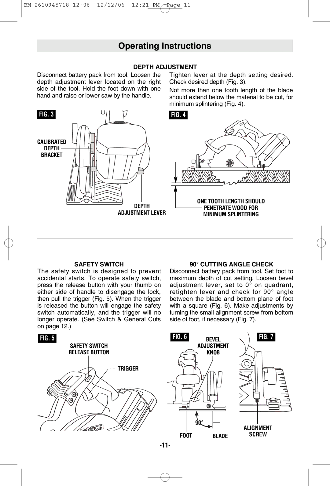 Bosch Power Tools 1671K Operating Instructions, Depth Bracket Adjustment Lever ONE Tooth Length should, Safety Switch 