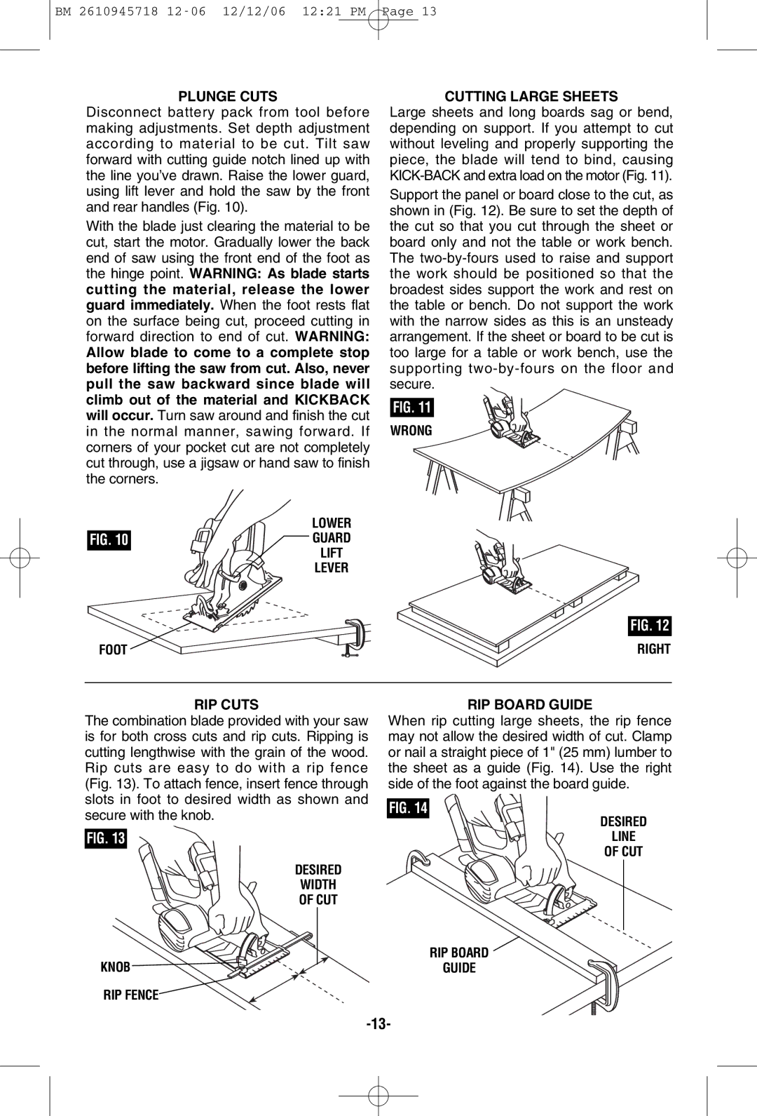 Bosch Power Tools 1671B, 1671K manual Plunge Cuts, Cutting Large Sheets, Wrong Foot Lower Guard Lift Lever Right RIP Cuts 