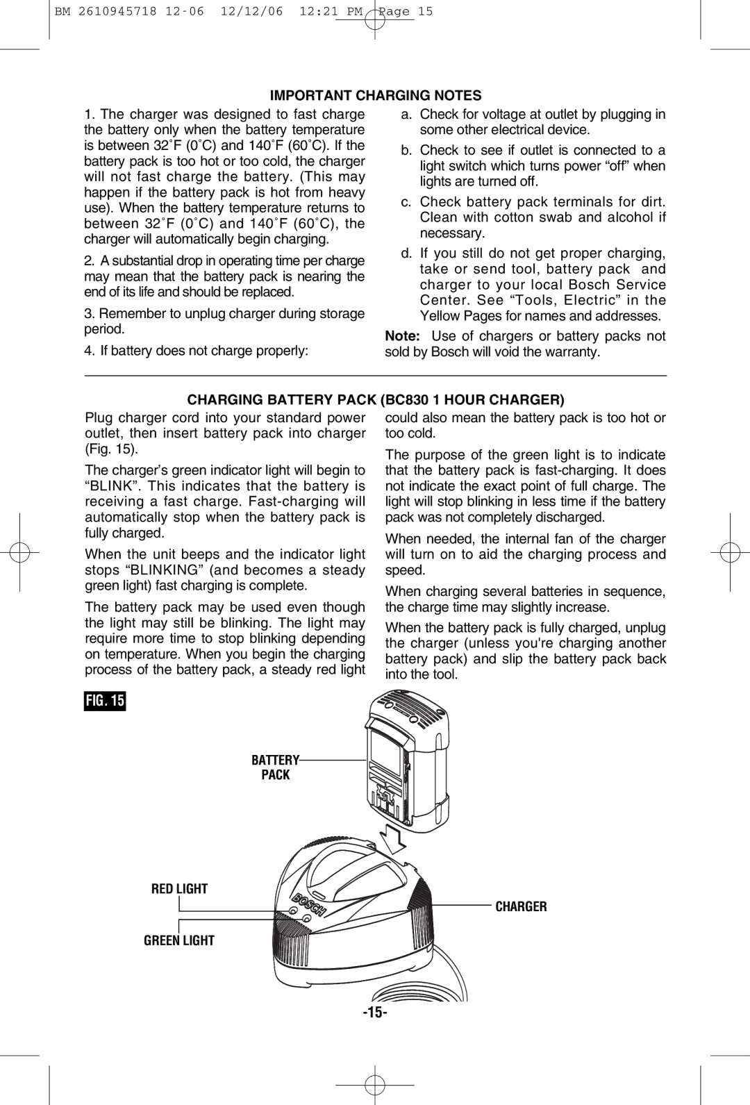 Bosch Power Tools 1671B, 1671K manual Important Charging Notes, Charging Battery Pack BC830 1 Hour Charger 