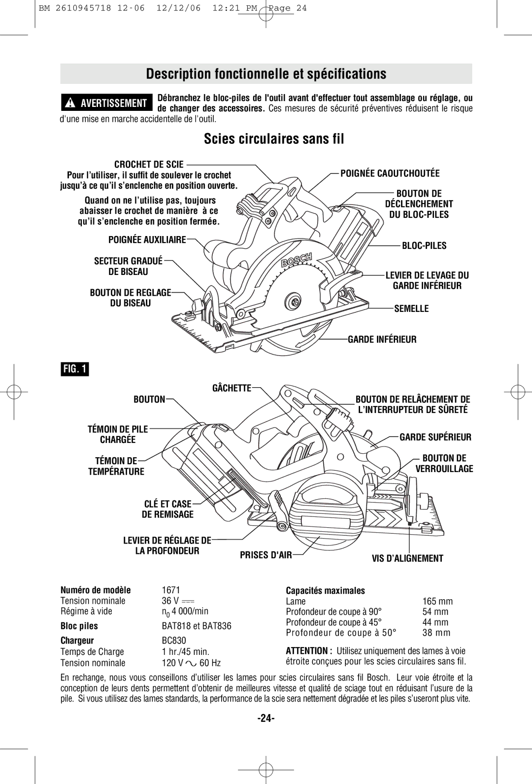 Bosch Power Tools 1671B, 1671K manual Description fonctionnelle et spécifications, Scies circulaires sans fil 