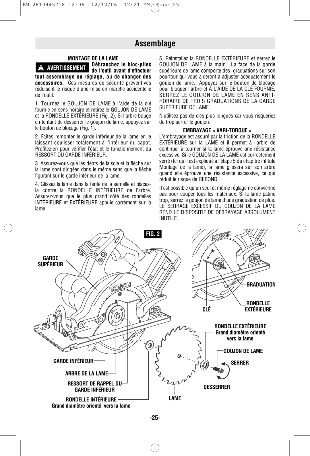 Bosch Power Tools 1671B manual Assemblage, Montage DE LA Lame, Embrayage « VARI-TORQUE », Graduation Rondelle Cléextérieure 