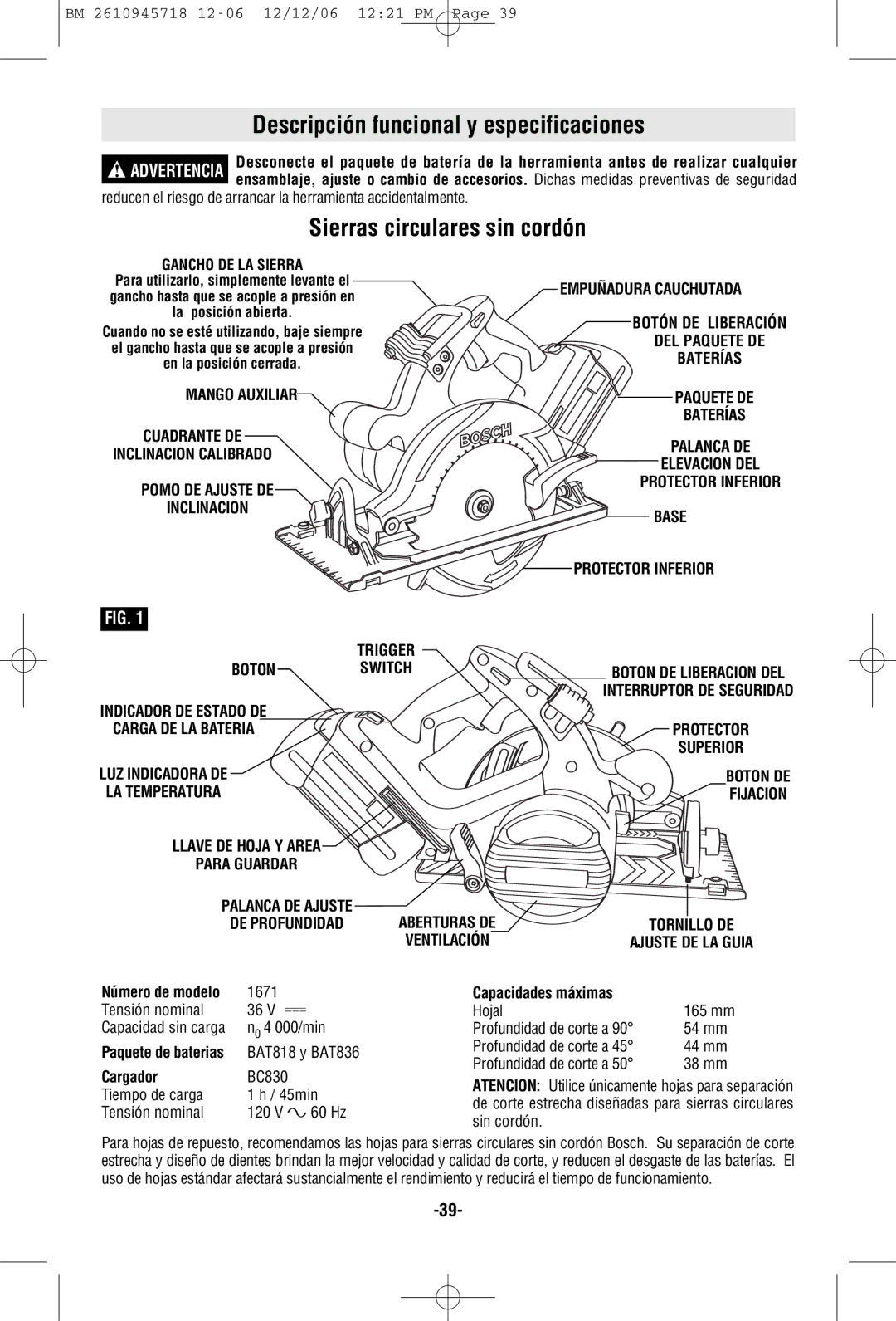 Bosch Power Tools 1671B, 1671K manual Descripción funcional y especificaciones, Sierras circulares sin cordón 