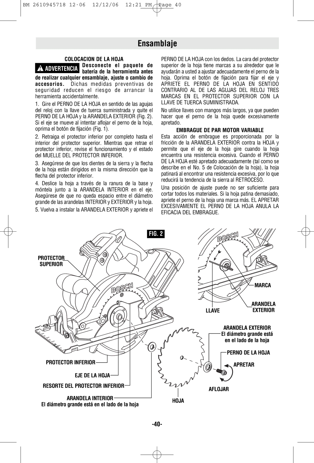 Bosch Power Tools 1671B Ensamblaje, Colocacion DE LA Hoja, Embrague DE PAR Motor Variable, Marca Arandela Llaveexterior 