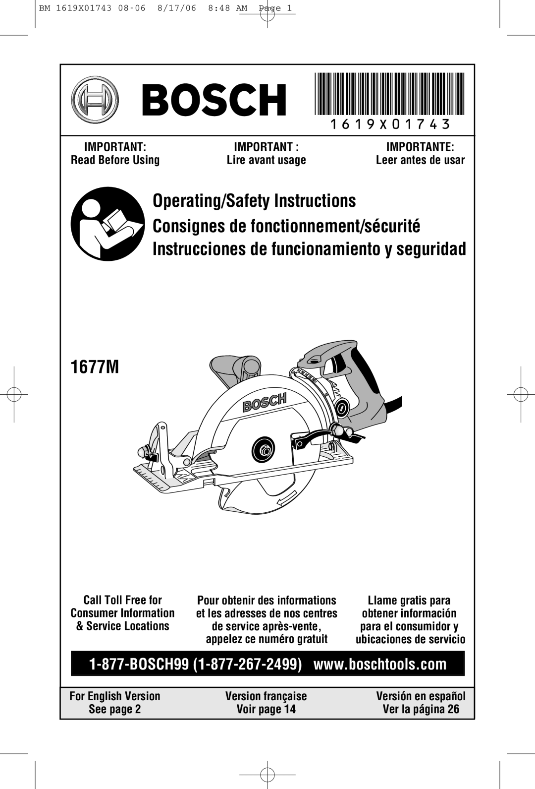 Bosch Power Tools 1677M manual Leer antes de usar, For English Version Version française, Read Before Using, Ver la página 