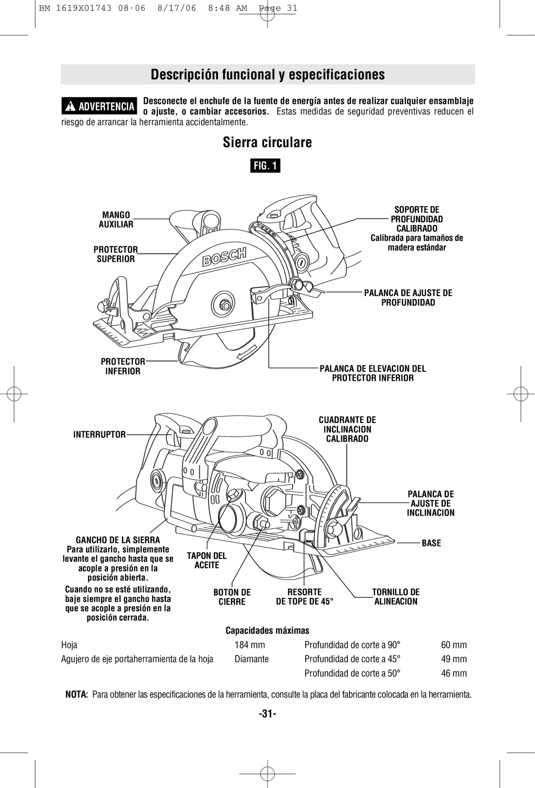 Bosch Power Tools 1677M manual Descripción funcional y especificaciones, Sierra circulare, Capacidades máximas 