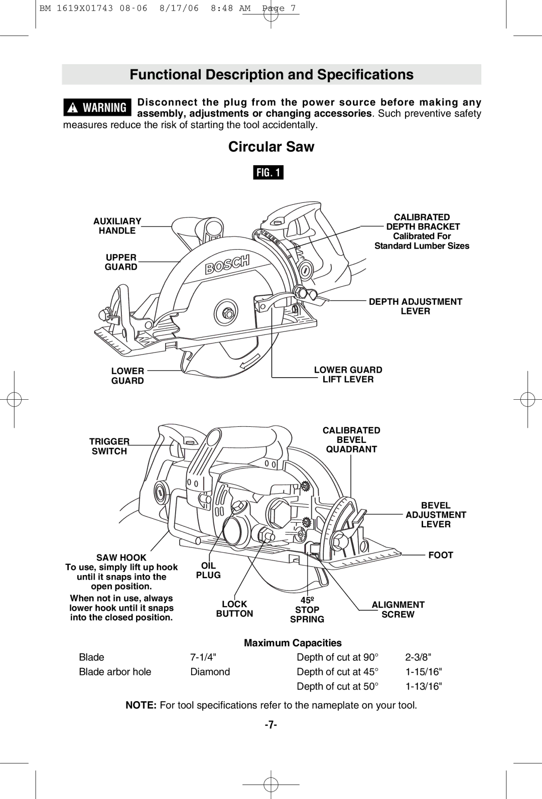 Bosch Power Tools 1677M manual Functional Description and Specifications, Circular Saw, Maximum Capacities 