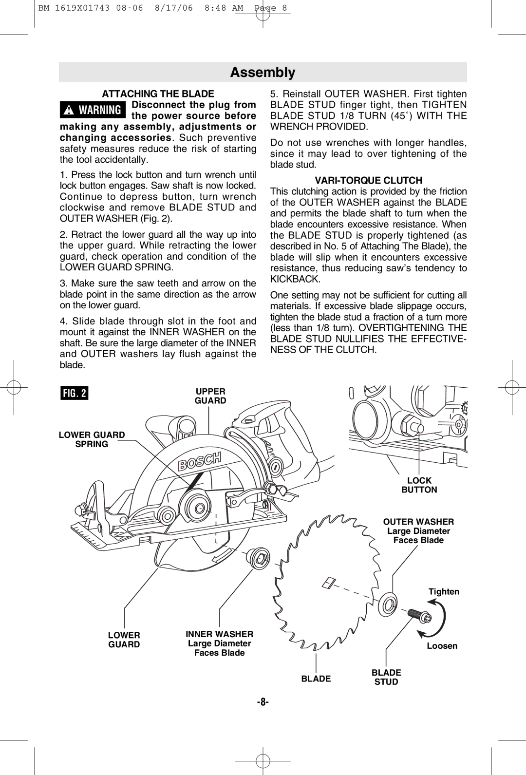 Bosch Power Tools 1677M manual Assembly, Attaching the Blade, VARI-TORQUE Clutch 