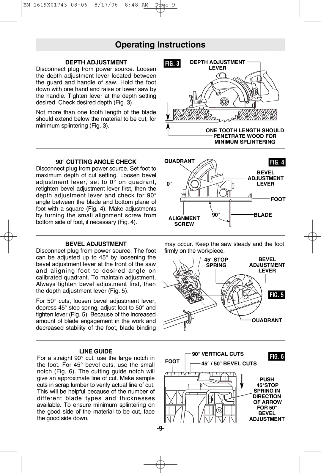 Bosch Power Tools 1677M manual Operating Instructions, Depth Adjustment, Cutting Angle Check, Bevel Adjustment, Line Guide 