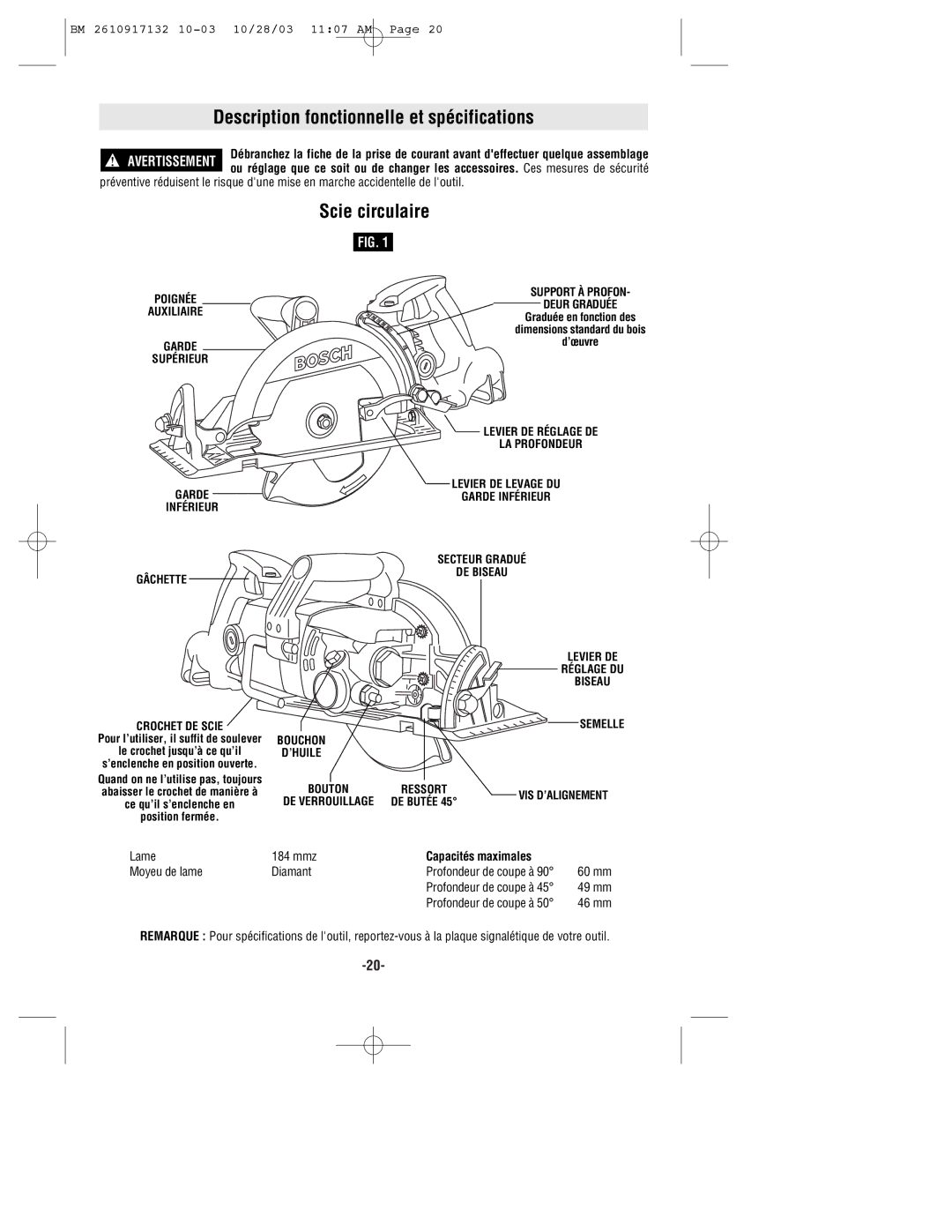 Bosch Power Tools 1677MDT manual Description fonctionnelle et spécifications, Scie circulaire 