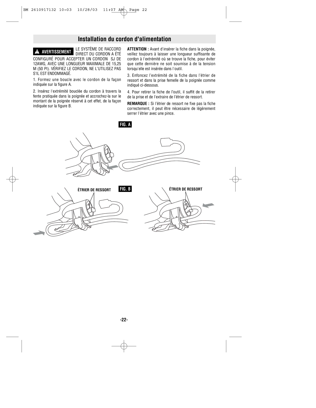 Bosch Power Tools 1677MDT manual Installation du cordon dalimentation, LE Système DE Raccord 