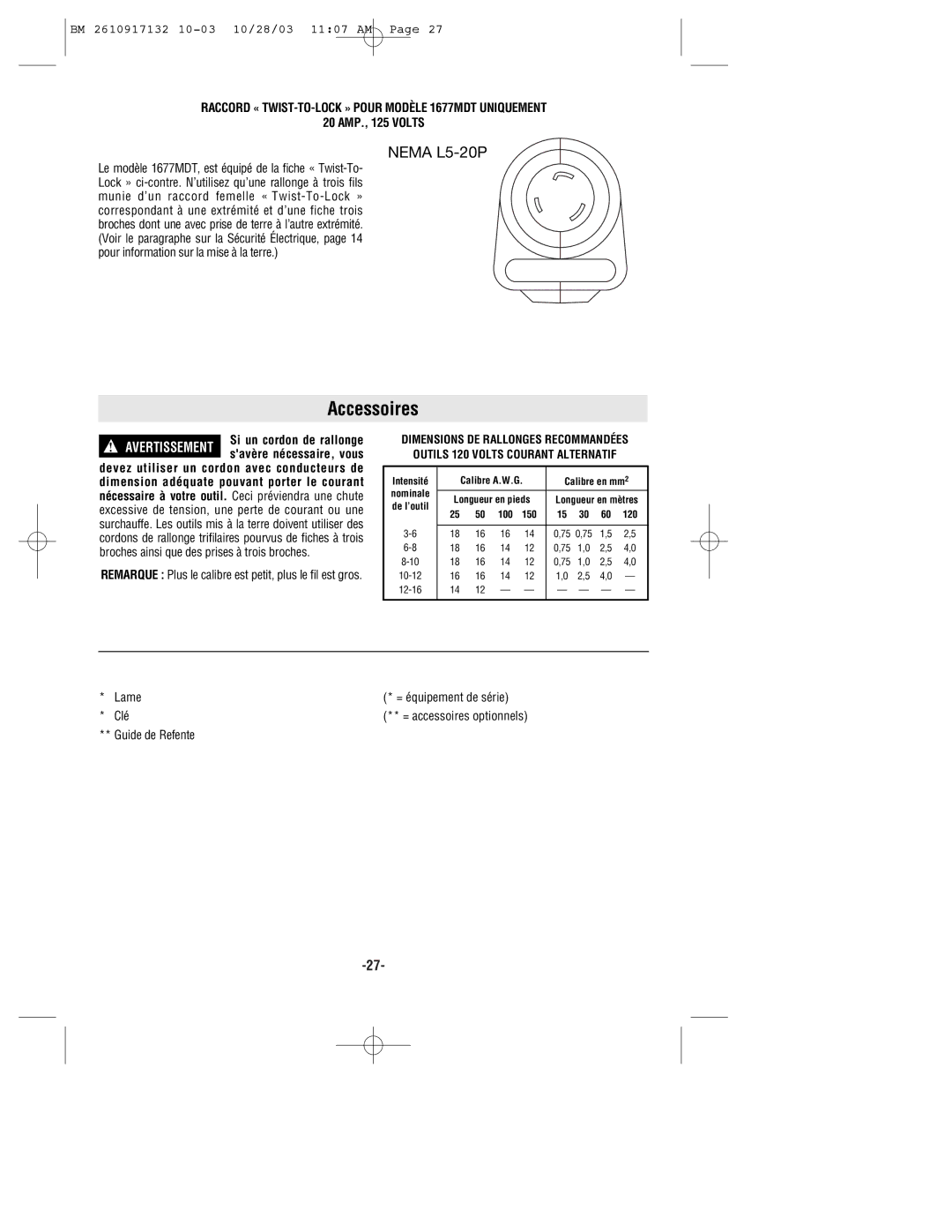 Bosch Power Tools manual Accessoires, Raccord « TWIST-TO-LOCK » Pour Modèle 1677MDT Uniquement, 20 AMP., 125 Volts 