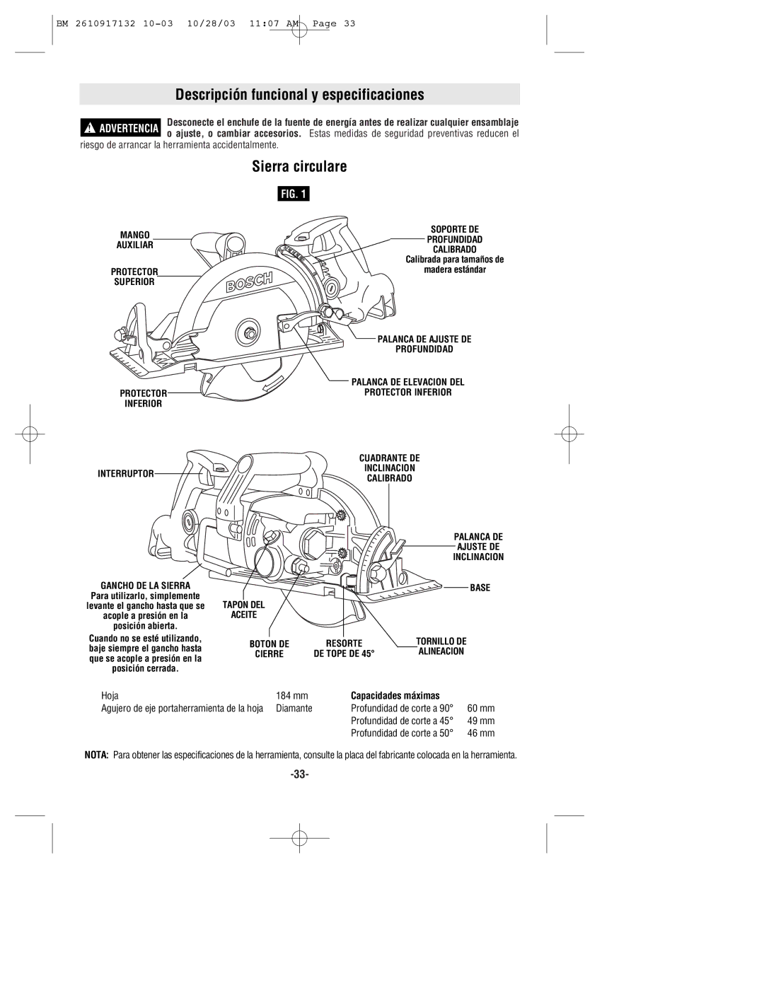 Bosch Power Tools 1677MDT manual Descripción funcional y especificaciones, Sierra circulare, Capacidades máximas 