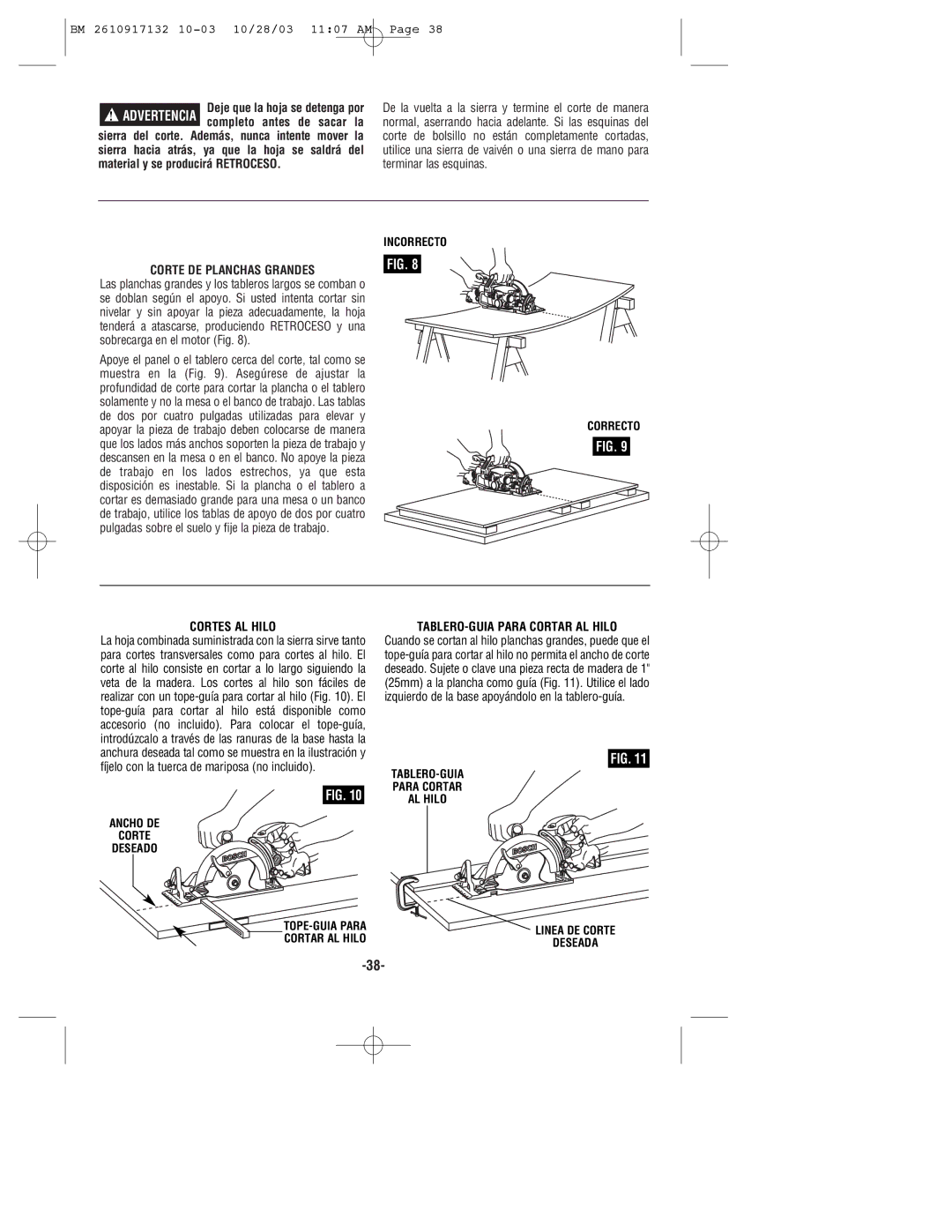 Bosch Power Tools 1677MDT manual Corte DE Planchas Grandes, Cortes AL Hilo, TABLERO-GUIA Para Cortar AL Hilo 