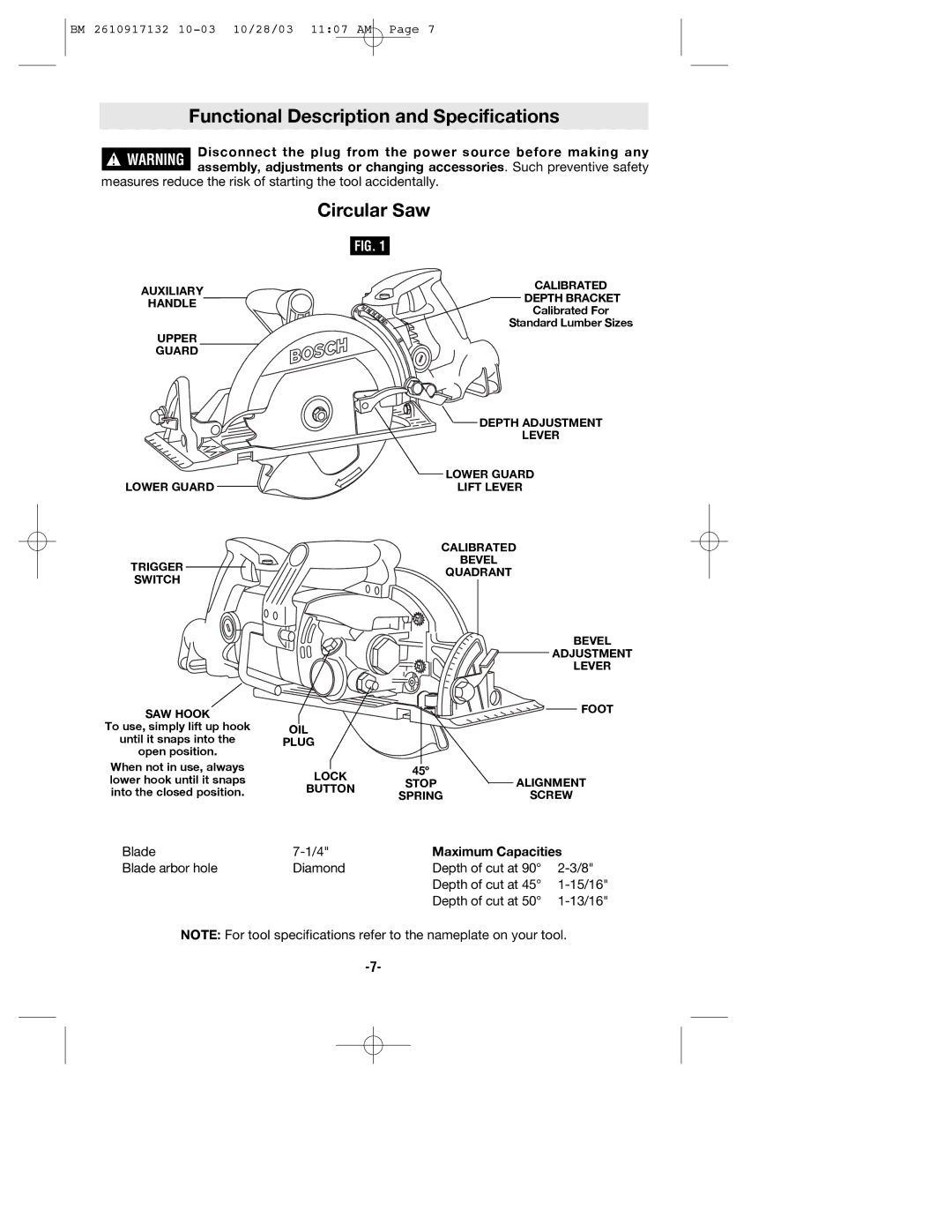 Bosch Power Tools 1677MDT manual Functional Description and Specifications, Circular Saw 