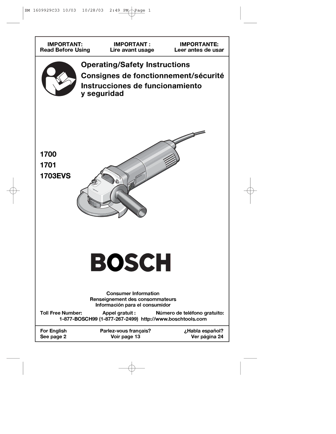 Bosch Power Tools 1703EVS, 1700, 1701 manual Read Before Using Lire avant usage Leer antes de usar 