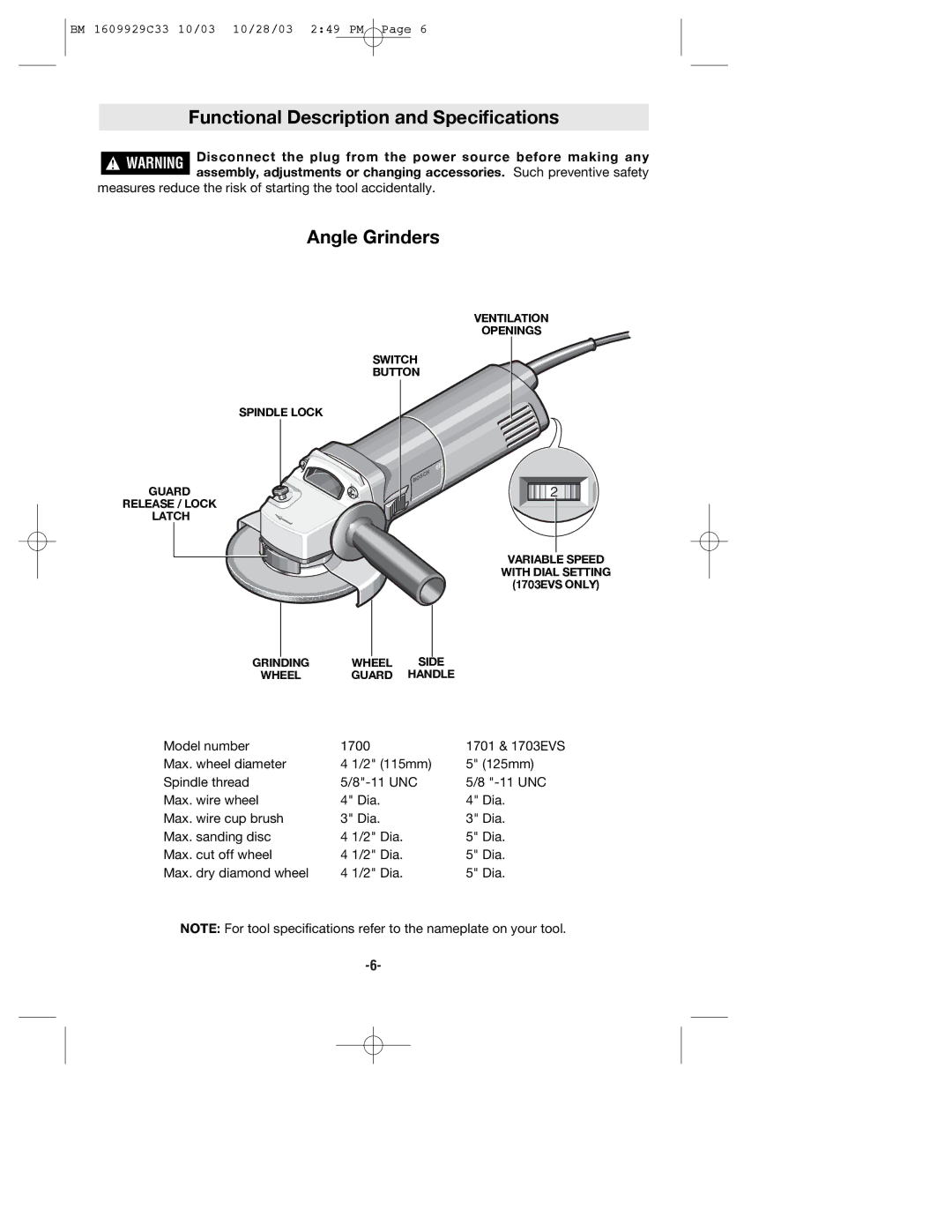 Bosch Power Tools 1700, 1703EVS, 1701 manual Functional Description and Specifications, Angle Grinders 