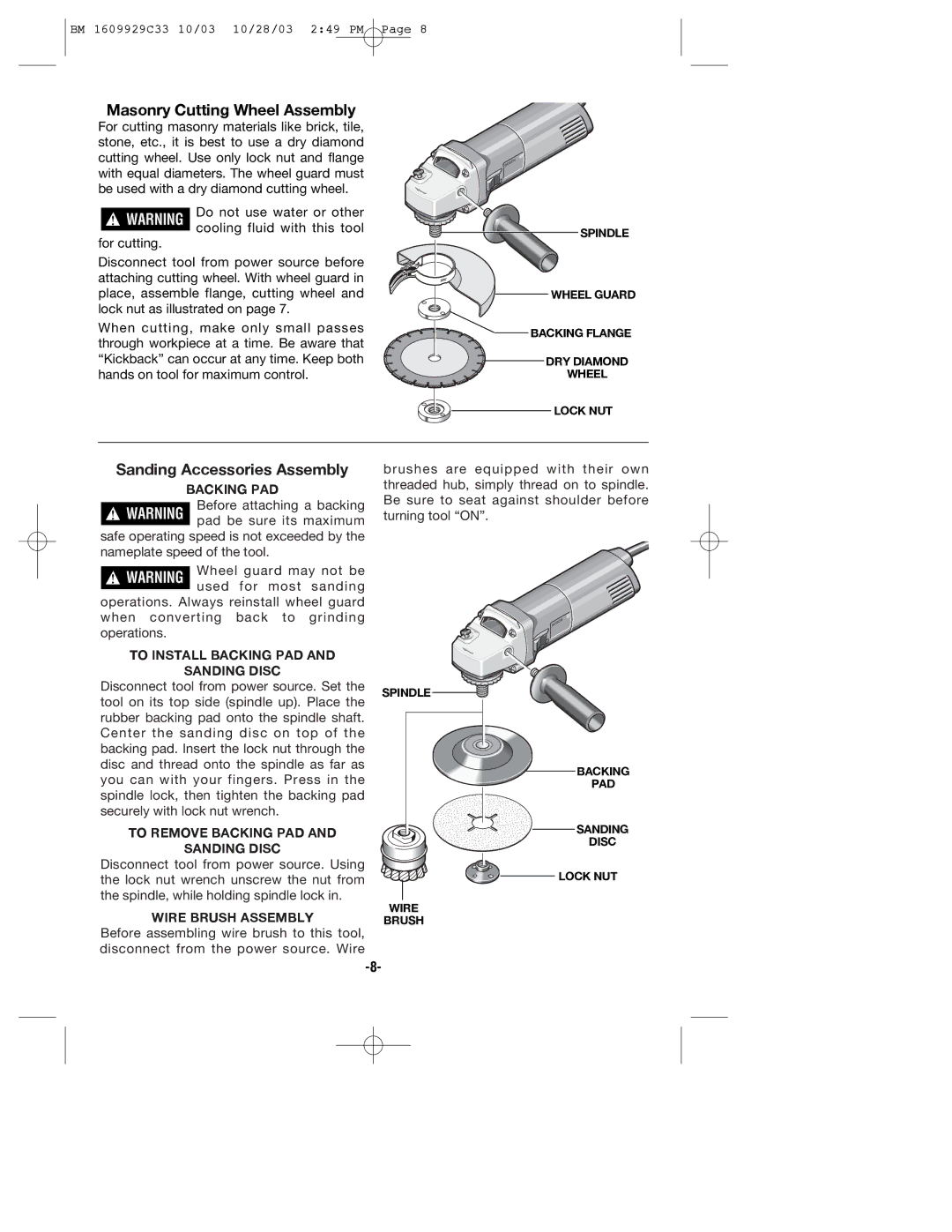 Bosch Power Tools 1701, 1700, 1703EVS manual Masonry Cutting Wheel Assembly, Sanding Accessories Assembly 